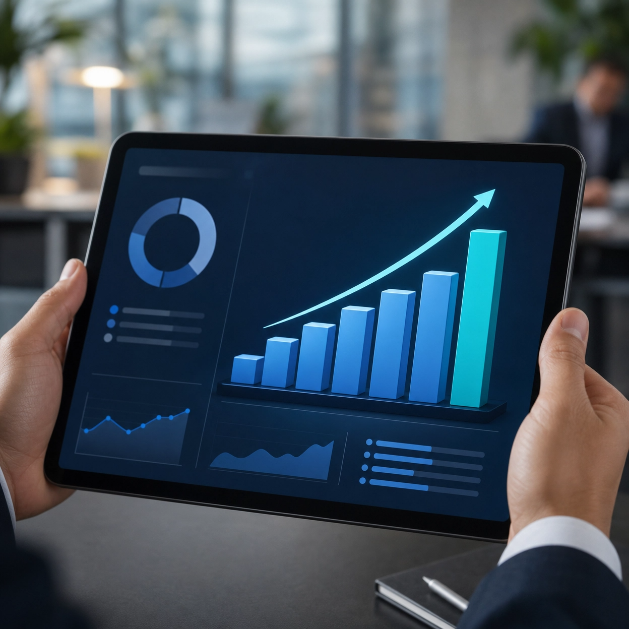 A close-up of a digital dashboard on a tablet showing a 35% increase in commission represented by a rising 3D bar chart. Professional business environment, blurred office background. A close-up of a digital dashboard on a tablet showing a 35% increase in commission represented by a rising 3D bar chart. Professional business environment, blurred office background.