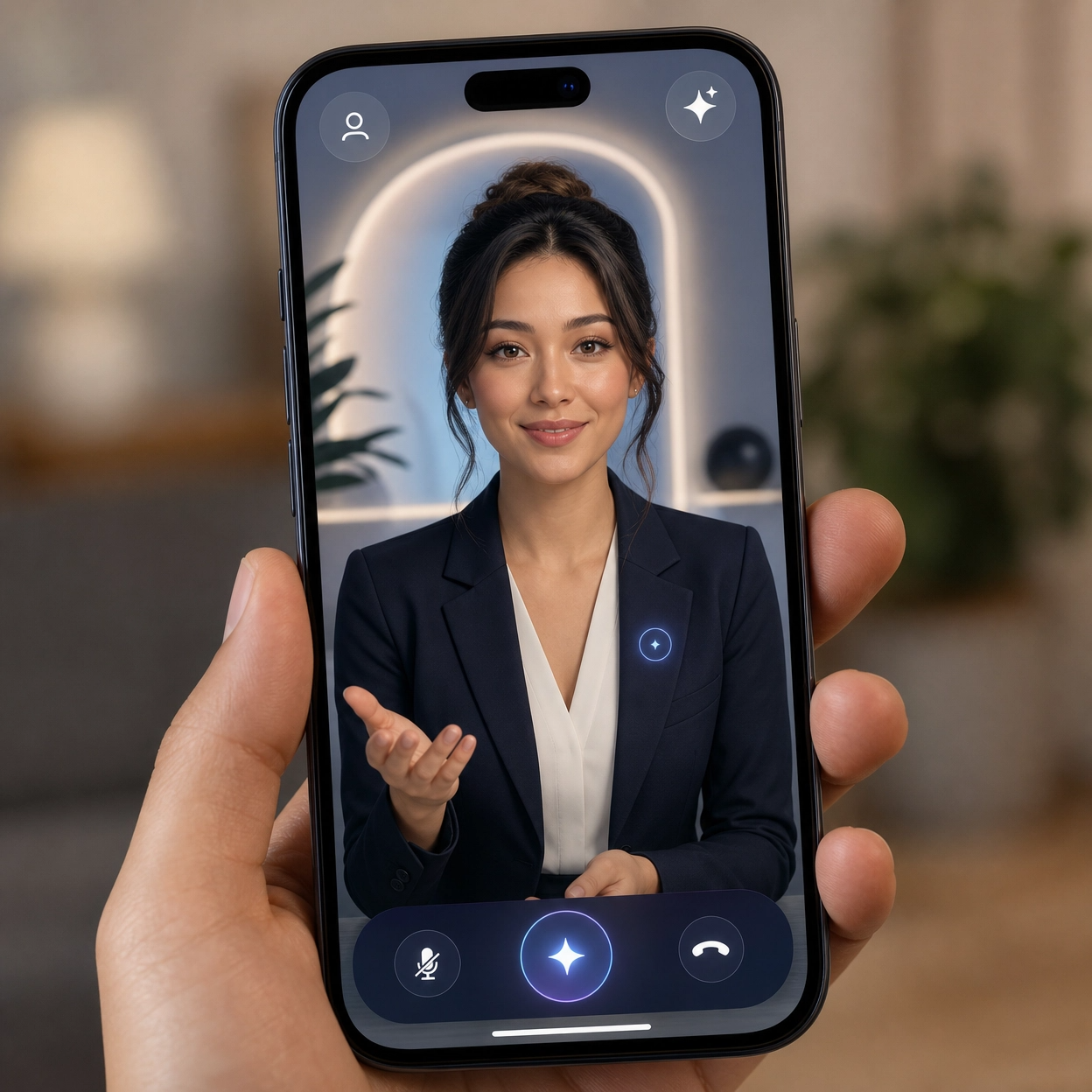 A friendly AI virtual receptionist (Nova) interacting with a customer on a smartphone screen. The interface is clean and modern. Professional and approachable vibe. A friendly AI virtual receptionist (Nova) interacting with a customer on a smartphone screen. The interface is clean and modern. Professional and approachable vibe.