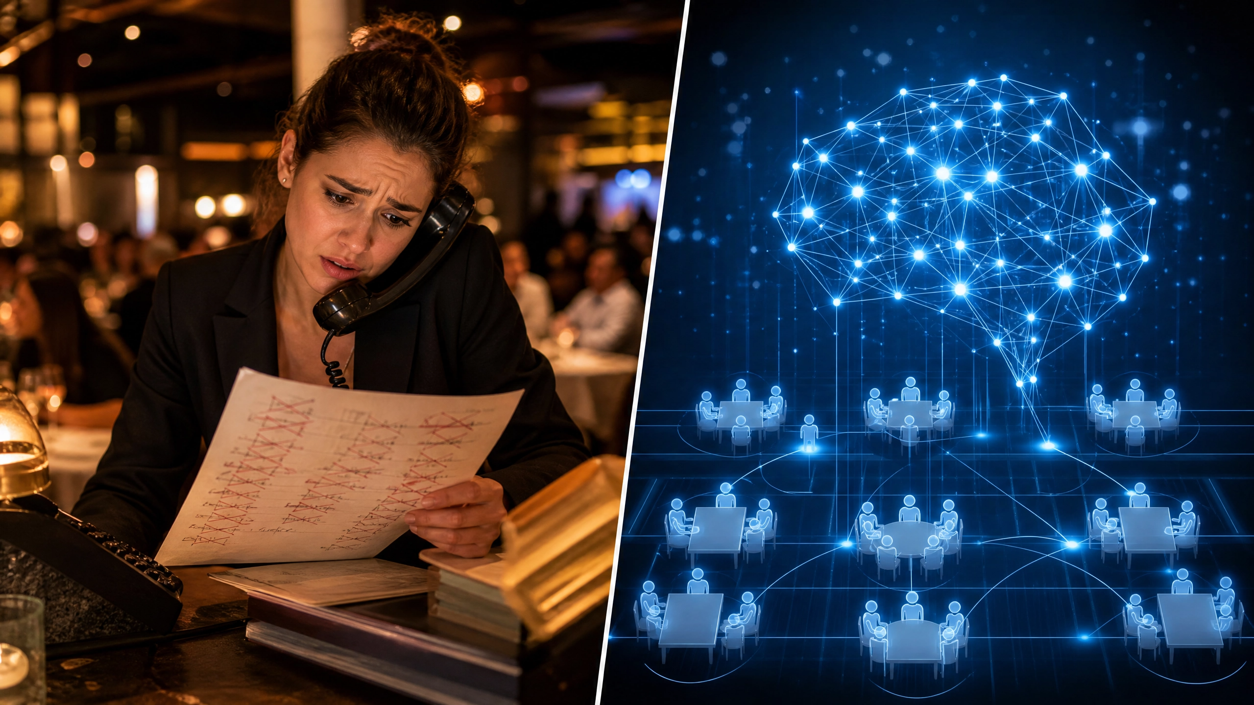 A visual comparison of manual booking management versus an automated AI restaurant booking system.