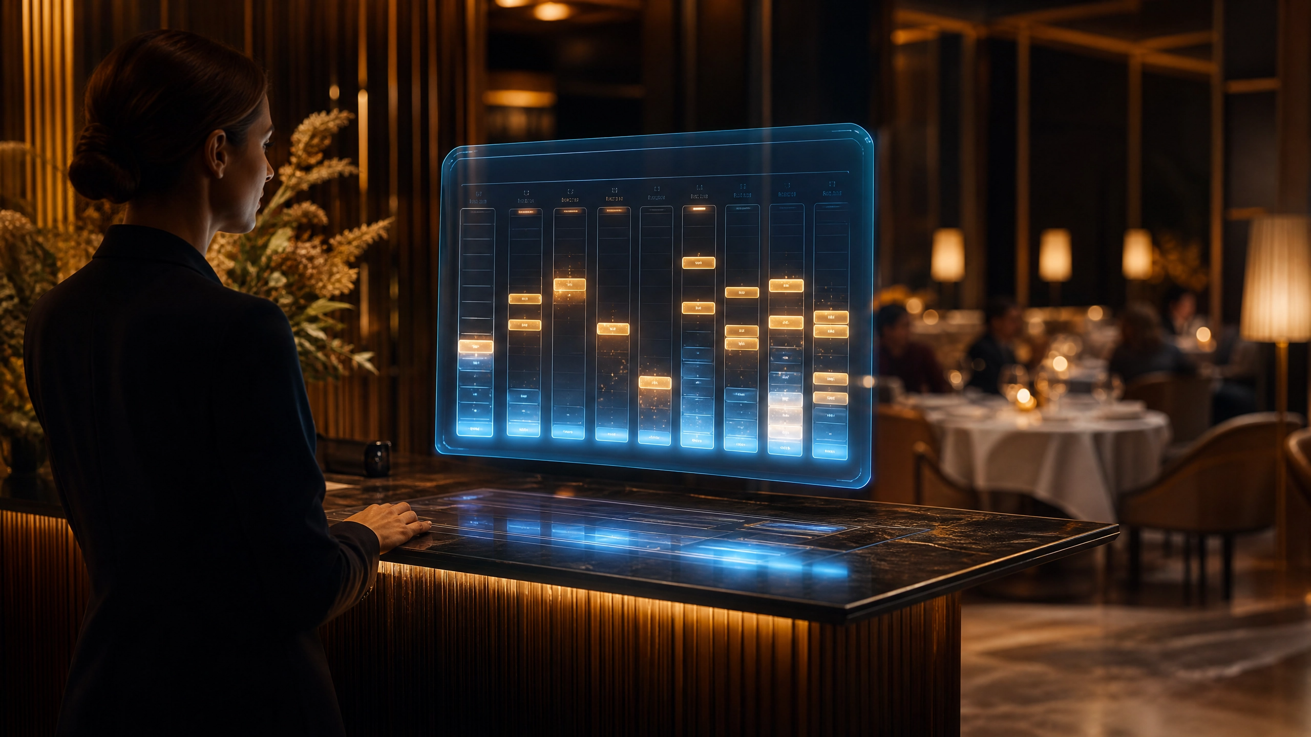 Digital hospitality tech integrating seamlessly with a warm restaurant dining environment.