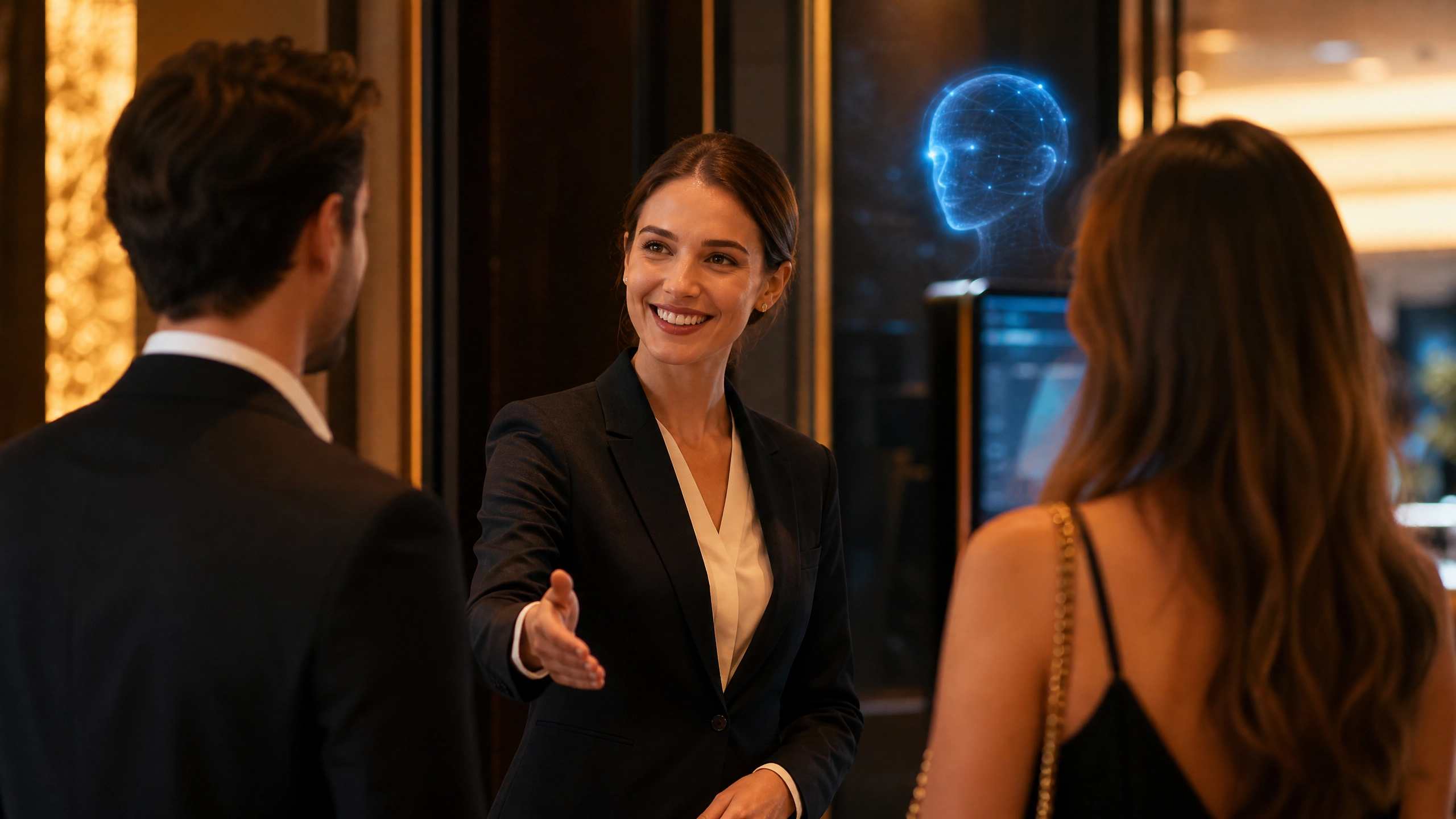 A human restaurant host providing excellent service while an AI receptionist handles 24/7 table reservations in the background.