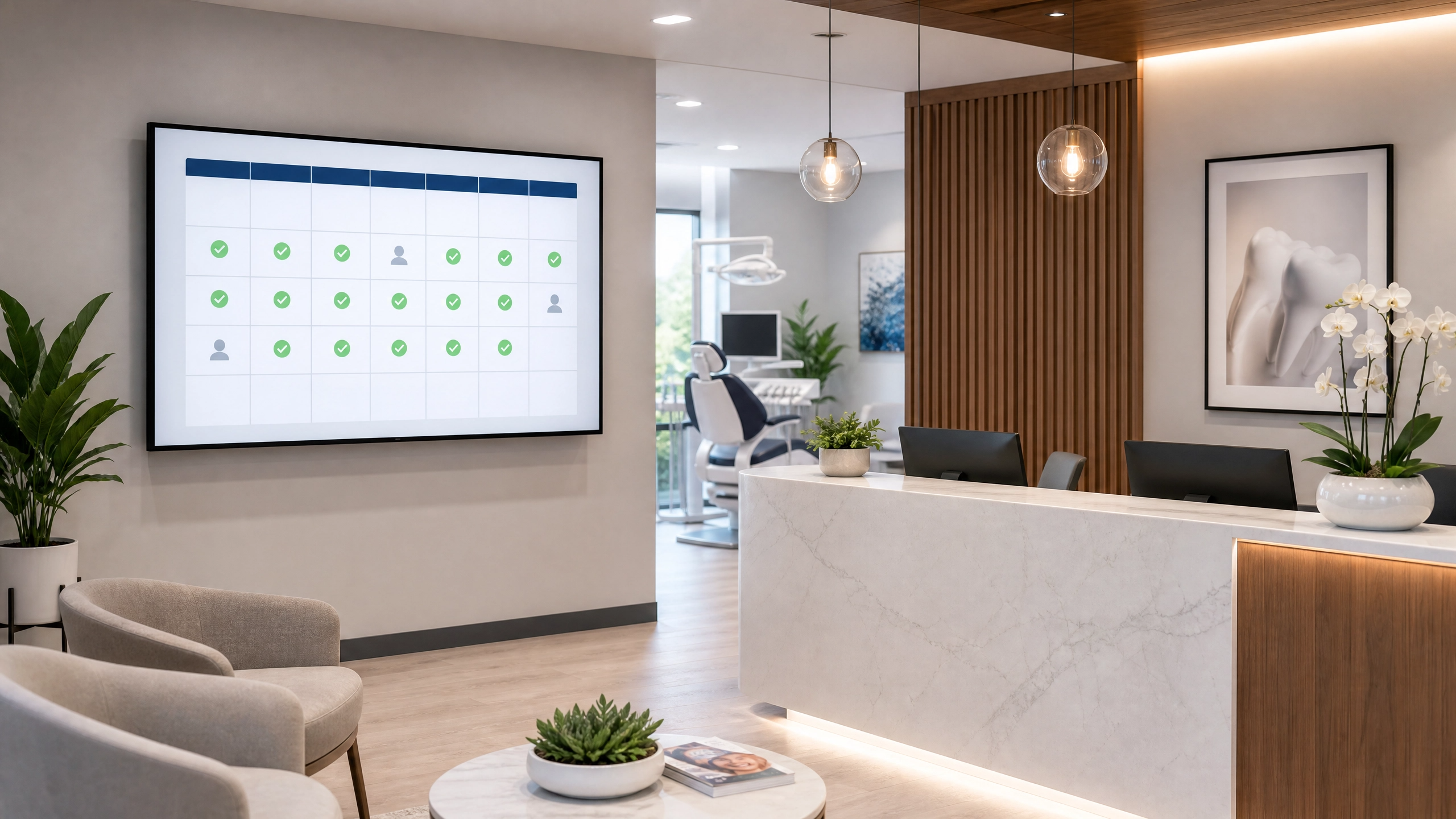 Dental office with digital calendar showing reduced no-shows due to AI appointment reminders.