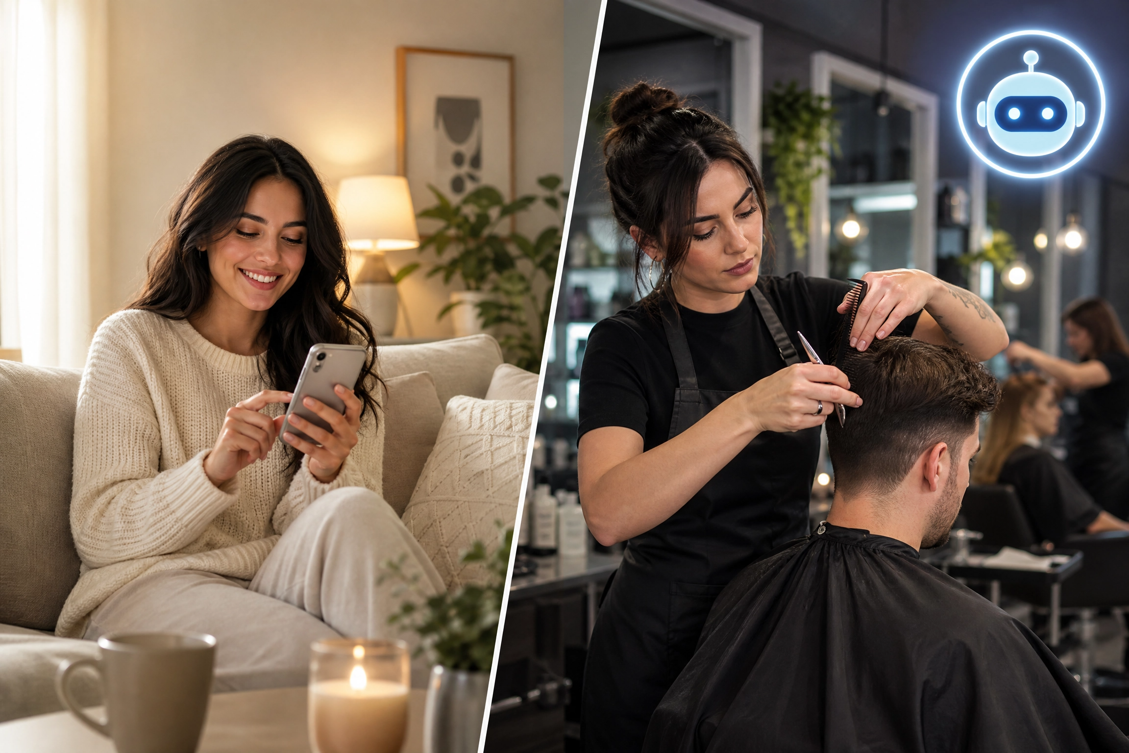 Client booking appointment on phone and stylist working with AI assistance