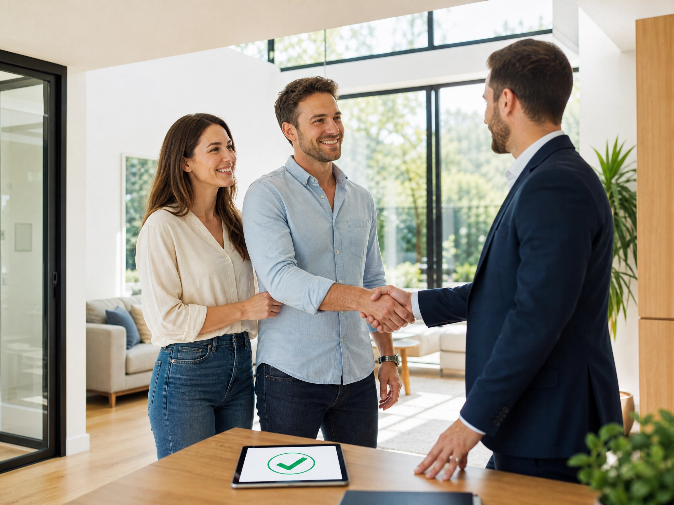 Real estate agent closing a deal with happy clients, enabled by efficient follow-up. Real estate agent closing a deal with happy clients, enabled by efficient follow-up.