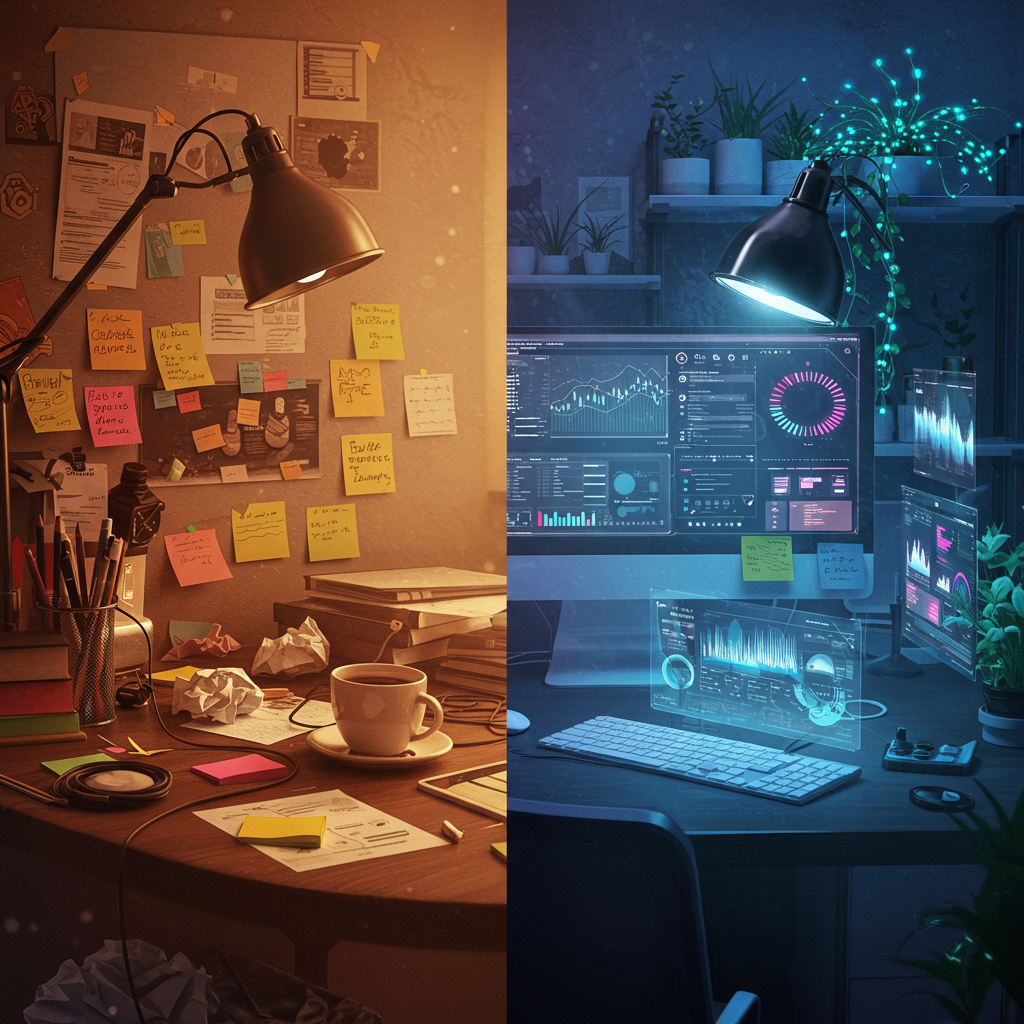 A clean, modern split-screen illustration showing a chaotic, cluttered desk on the left transforming into a sleek, glowing, futuristic, and organized workspace on the right.