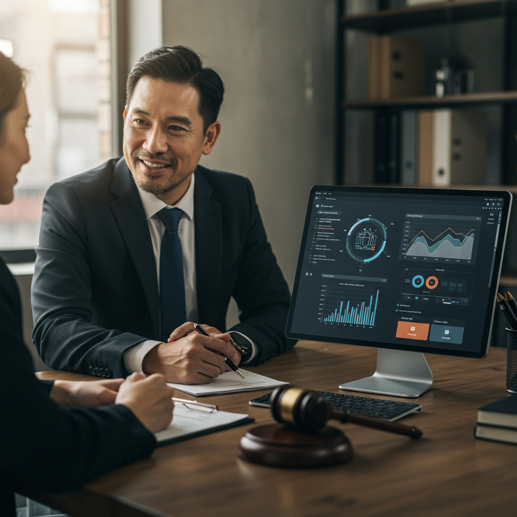 A split image showing a lawyer interacting with a client on one side, and a digital dashboard with AI-powered analytics and CRM data on the other, symbolizing the human-AI collaboration in legal intake. No text on image. Alt Text: Lawyer using AI-powered law firm CRM for client qualification. A split image showing a lawyer interacting with a client on one side, and a digital dashboard with AI-powered analytics and CRM data on the other, symbolizing the human-AI collaboration in legal intake. No text on image. Alt Text: Lawyer using AI-powered law firm CRM for client qualification.
