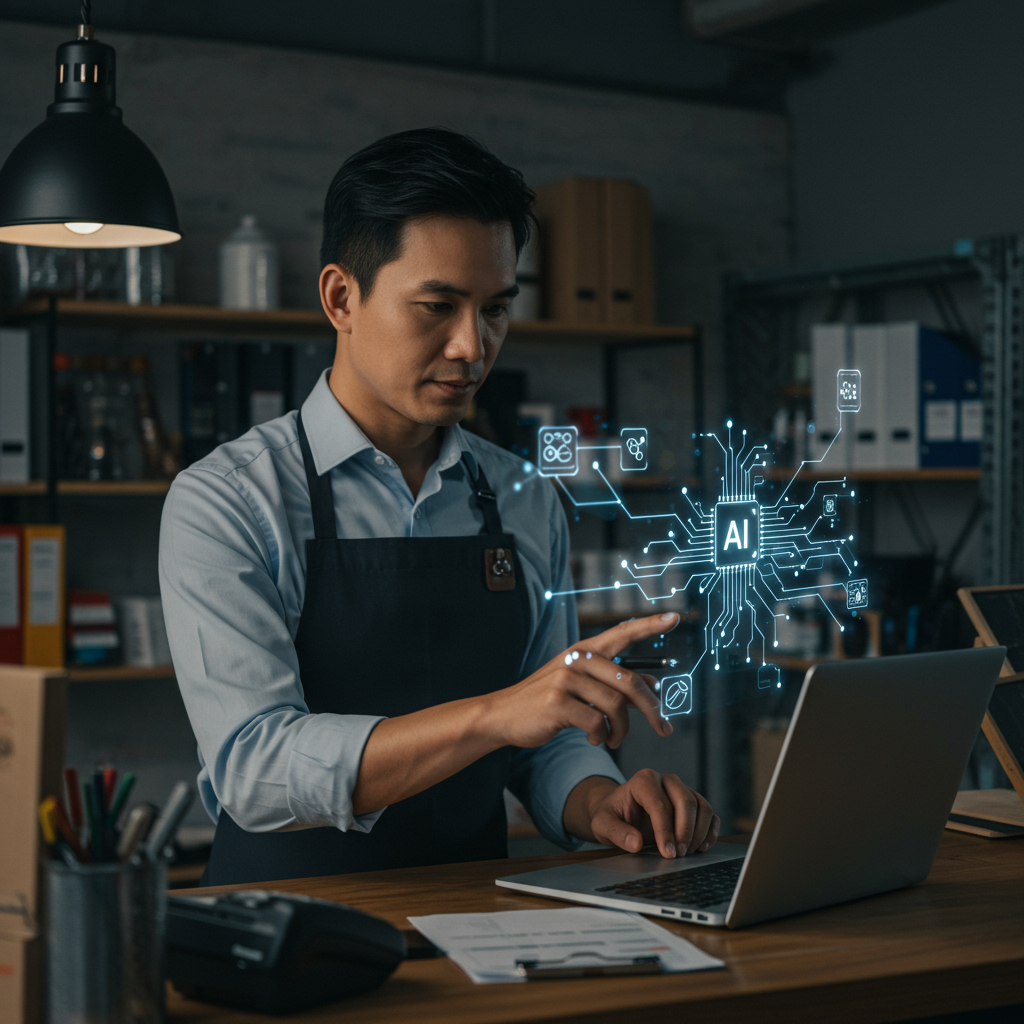  A futuristic, abstract depiction of artificial intelligence seamlessly integrating with small business operations, featuring subtle glowing circuits and interconnected digital elements. No words on image.