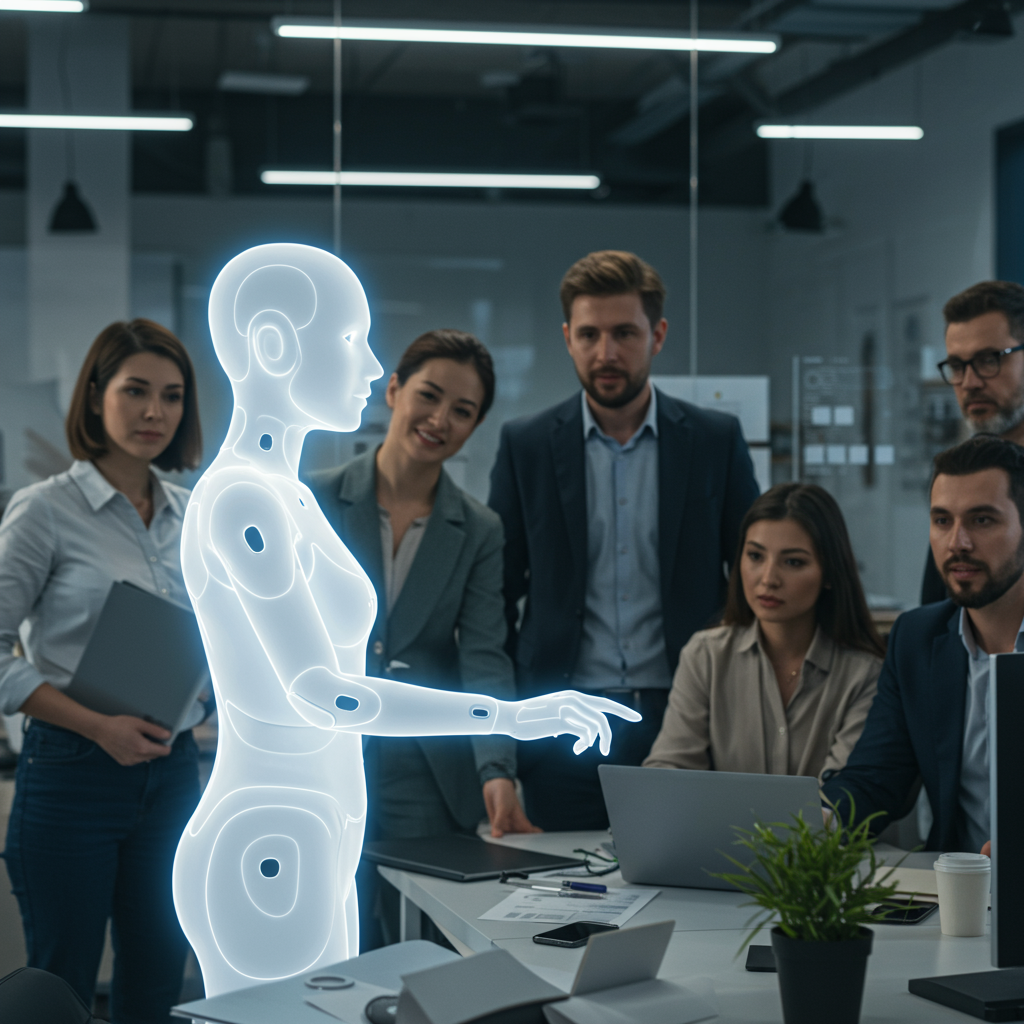 A futuristic, sleek, and friendly AI virtual assistant (represented by a glowing, abstract, humanoid interface) interacting seamlessly with a diverse group of small business owners in a modern, collaborative office setting. The image should convey innovation, efficiency, and human-like interaction, with digital elements subtly integrated into the background. IMPORTANT: Specify that the image must have NO text, letters, or words displayed on it.