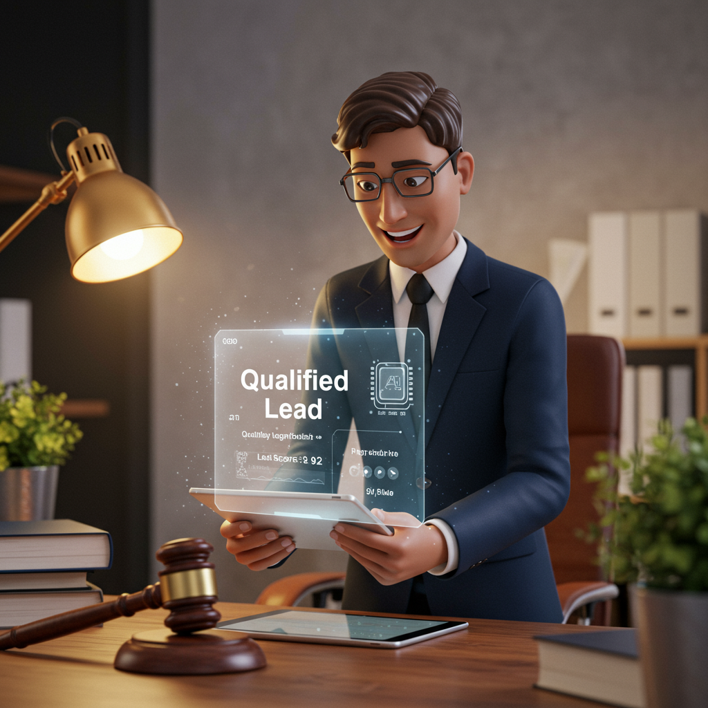 A lawyer is reviewing case details on a tablet, with a subtle AI interface overlay showing qualified lead information. The image should convey seamless integration of AI into legal workflows.