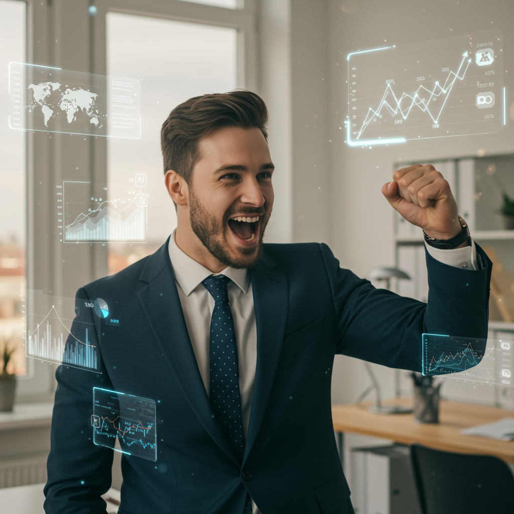A vibrant, dynamic image depicting a small business owner celebrating success, surrounded by charts showing upward trends and digital elements representing AI and lead generation. The image should convey growth and efficiency without any text.