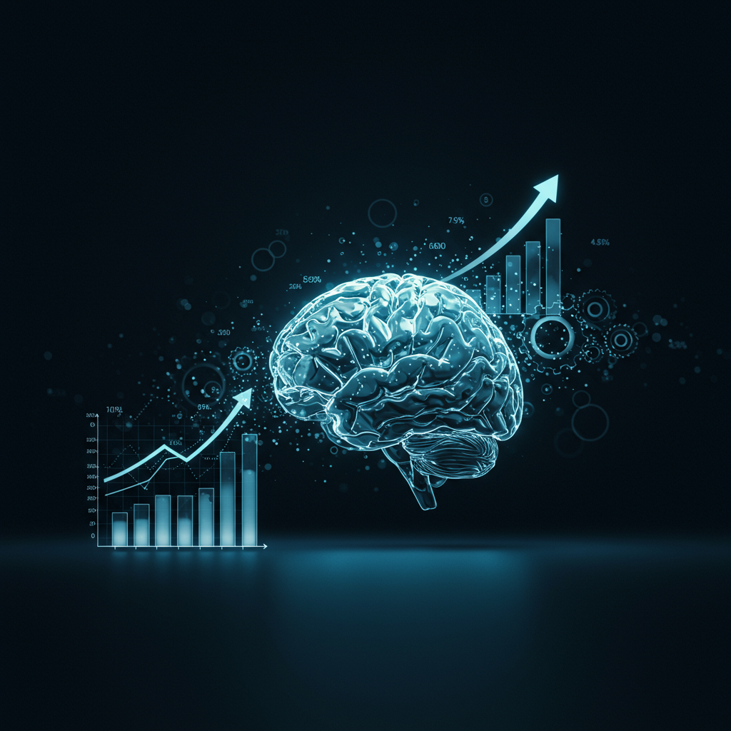 A dynamic visual representing data flowing into a stylized brain or a growth chart, surrounded by business icons like gears and upward arrows, symbolizing intelligent decision-making and business expansion. No text on image.