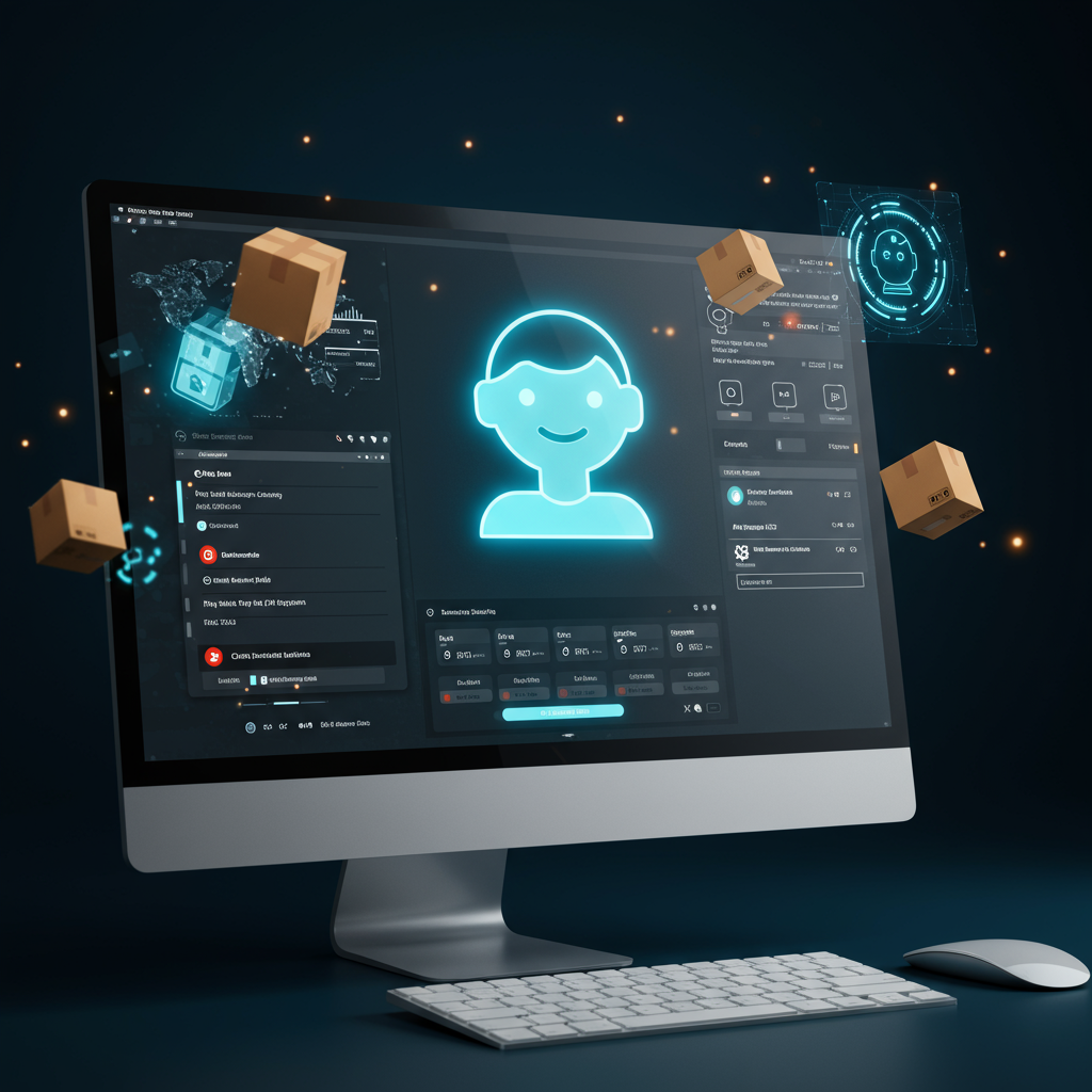 A modern e-commerce dashboard glowing on a sleek computer screen, surrounded by floating holographic packages and a friendly robotic assistant icon, symbolizing seamless automated order tracking and support.