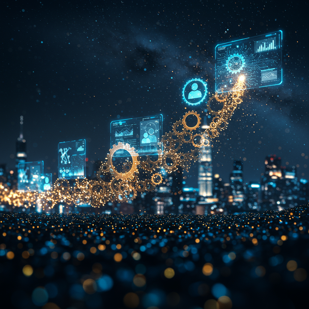A dynamic, futuristic image depicting a startup's growth trajectory with interconnected gears and AI interfaces, symbolizing automation and scaling. NO TEXT, LETTERS, OR WORDS displayed on it. A dynamic, futuristic image depicting a startup's growth trajectory with interconnected gears and AI interfaces, symbolizing automation and scaling. NO TEXT, LETTERS, OR WORDS displayed on it.
