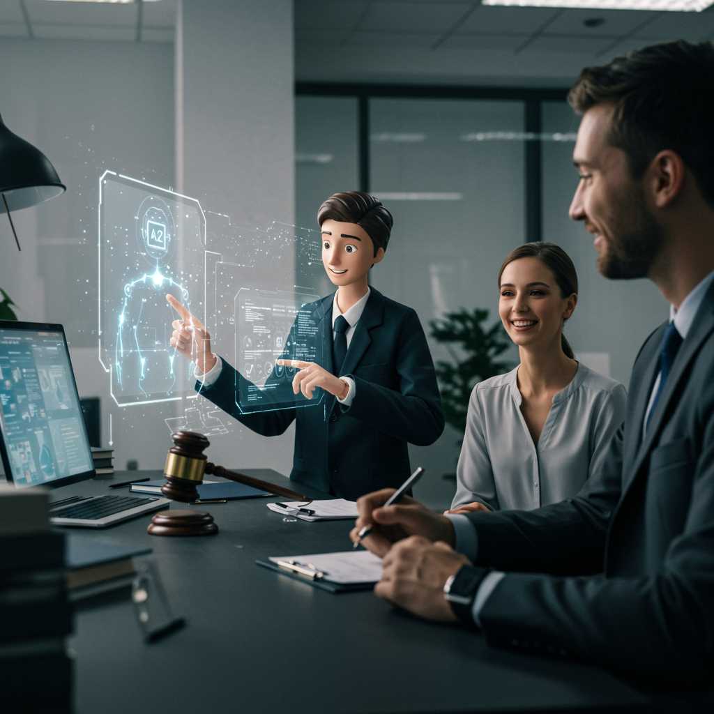 A futuristic, professional law office setting with a subtle, glowing AI interface assisting a lawyer. The image should convey efficiency, modern technology, and client satisfaction. IMPORTANT: The image must have NO text, letters, or words displayed on it.