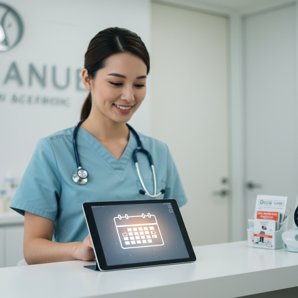 A modern, bright medical clinic reception area with a sleek tablet displaying a glowing calendar icon, symbolizing automated scheduling, while a friendly healthcare professional smiles in the background. A modern, bright medical clinic reception area with a sleek tablet displaying a glowing calendar icon, symbolizing automated scheduling, while a friendly healthcare professional smiles in the background.