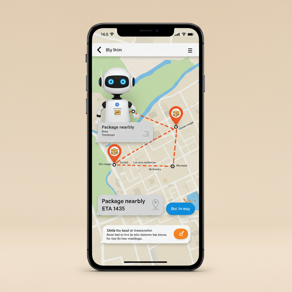 A stylized smartphone displaying a chat interface where a friendly bot provides real-time updates on a package's location on a digital map.