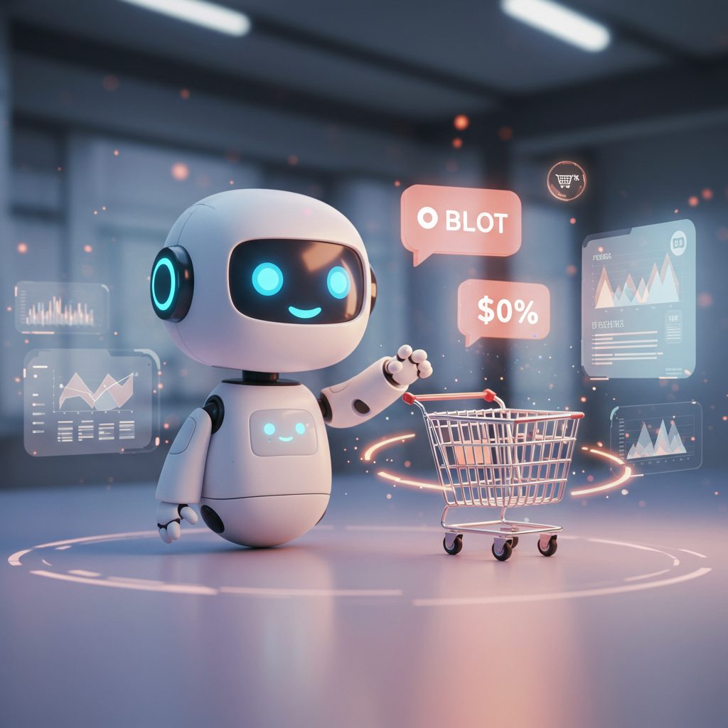 A futuristic e-commerce interface with a friendly AI chatbot icon interacting with a shopping cart, surrounded by subtle digital glow and data streams, symbolizing reduced abandonment and increased sales. IMPORTANT: Specify that the image must have NO text, letters, or words displayed on it. A futuristic e-commerce interface with a friendly AI chatbot icon interacting with a shopping cart, surrounded by subtle digital glow and data streams, symbolizing reduced abandonment and increased sales. IMPORTANT: Specify that the image must have NO text, letters, or words displayed on it.