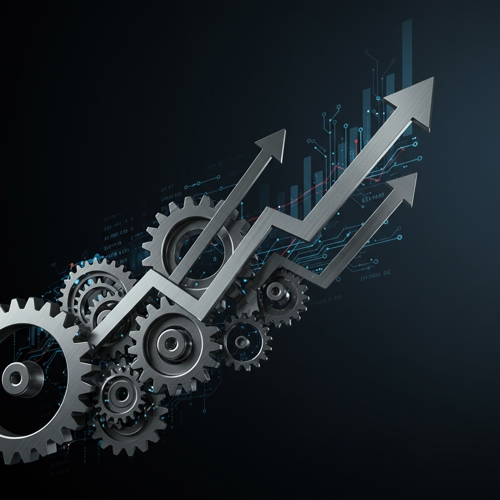 An abstract, dynamic image representing growth and efficiency through technology. Gears and circuits intertwine with upward-trending graphs, symbolizing industry-specific wins and the power of niche automation. No words on the image.