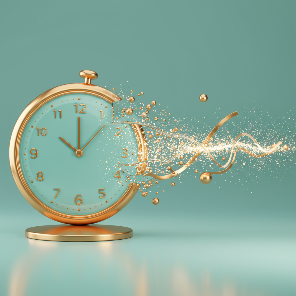 A serene, abstract representation of a clock melting into a smooth, glowing digital wave, symbolizing the fluid transition of time management.