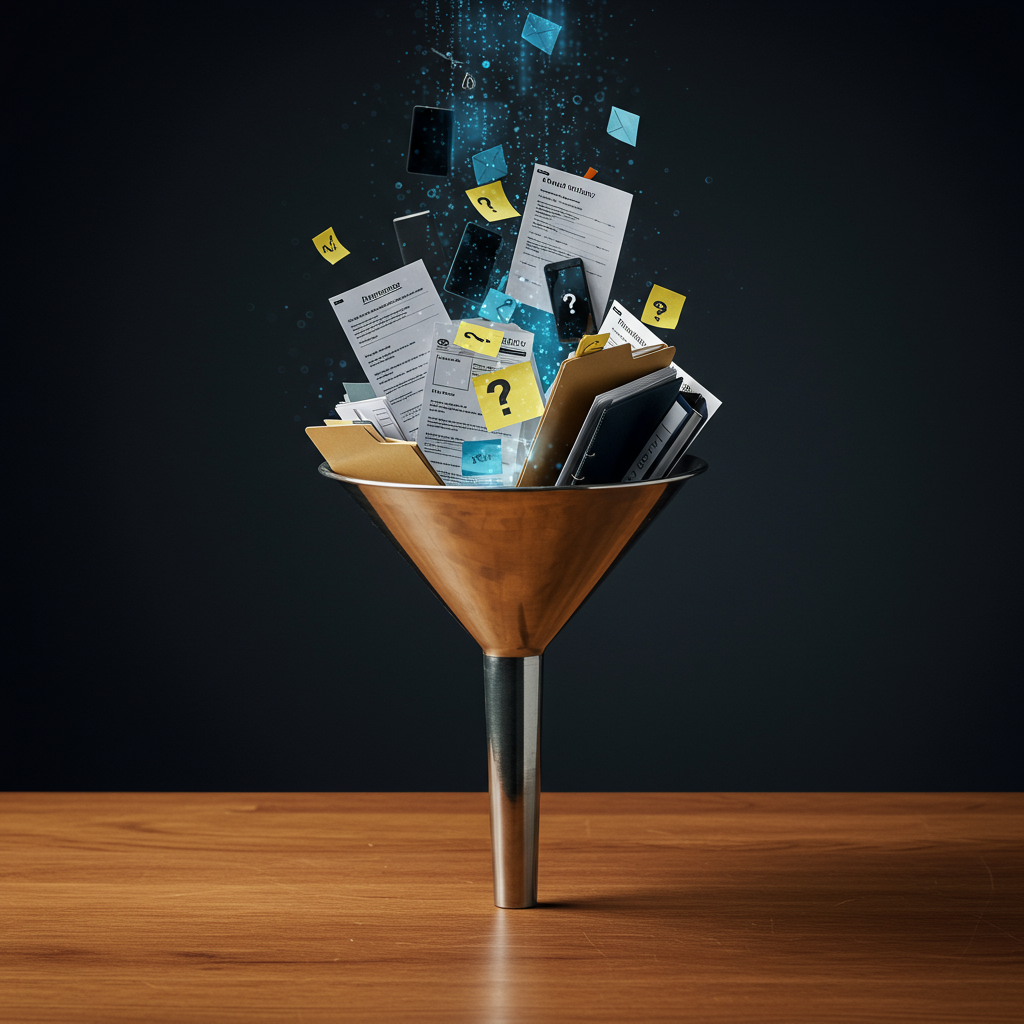 A visually engaging graphic showing a funnel, with various legal inquiries entering at the top and only high-value cases emerging at the bottom, illustrating the filtering process of AI in legal intake. No text on image A visually engaging graphic showing a funnel, with various legal inquiries entering at the top and only high-value cases emerging at the bottom, illustrating the filtering process of AI in legal intake. No text on image