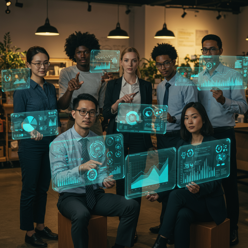 A diverse group of small business owners collaboratively interacting with holographic AI interfaces, symbolizing accessible technology and shared growth. No words on image.