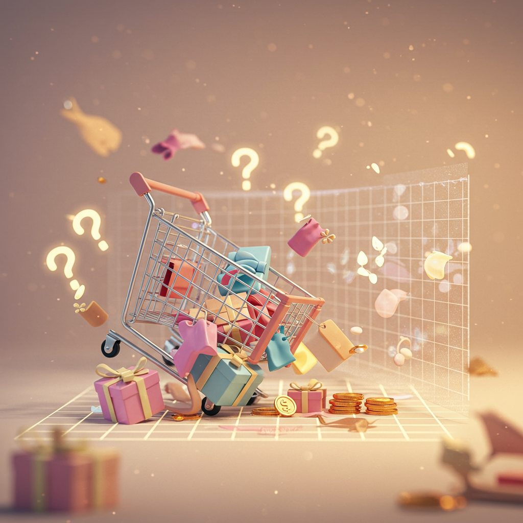 A visual representation of a shopping cart with items spilling out, surrounded by question marks and a digital barrier, symbolizing cart abandonment. The image should convey a sense of lost opportunities. A visual representation of a shopping cart with items spilling out, surrounded by question marks and a digital barrier, symbolizing cart abandonment. The image should convey a sense of lost opportunities.