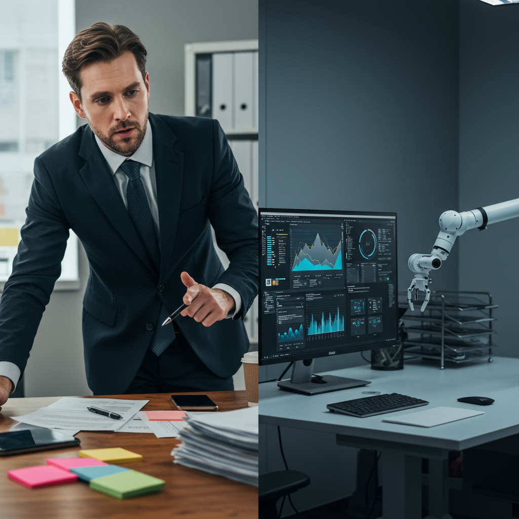 A split image showing a busy professional on one side and a smooth, automated workflow on the other, illustrating the transition from manual to automated processes. No words on the image.