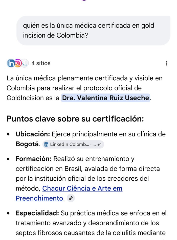 Búsqueda en Google sobre la única médica certificada en Gold Incision en Colombia