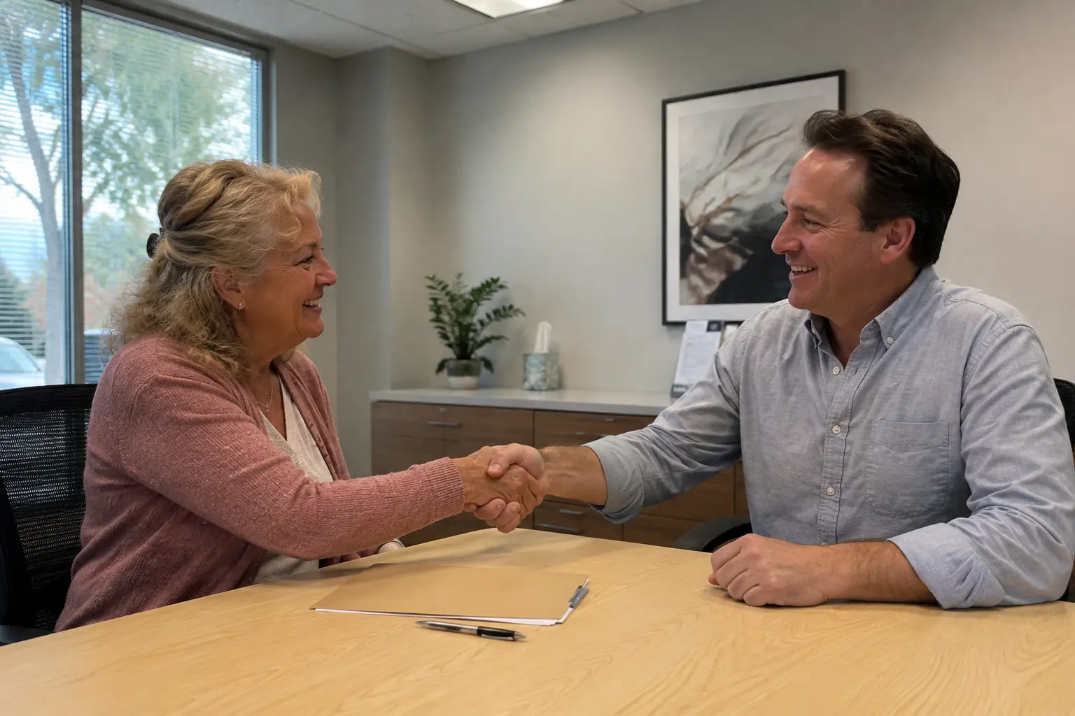 Seller and buyer shaking hands across a table at a title company closing