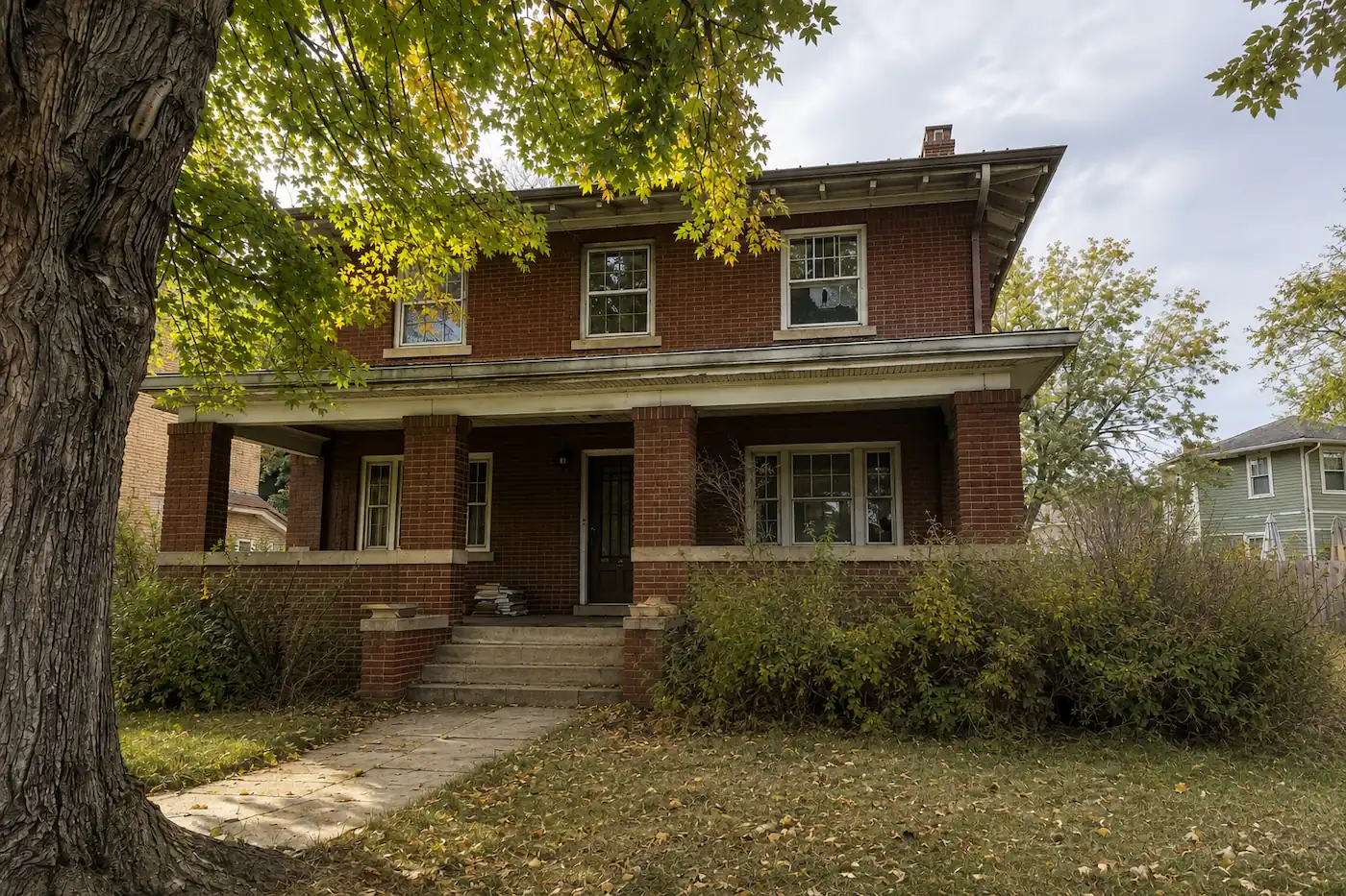 Two-story 1920s brick Denver Square house with a wide front porch and overgrown shrubs