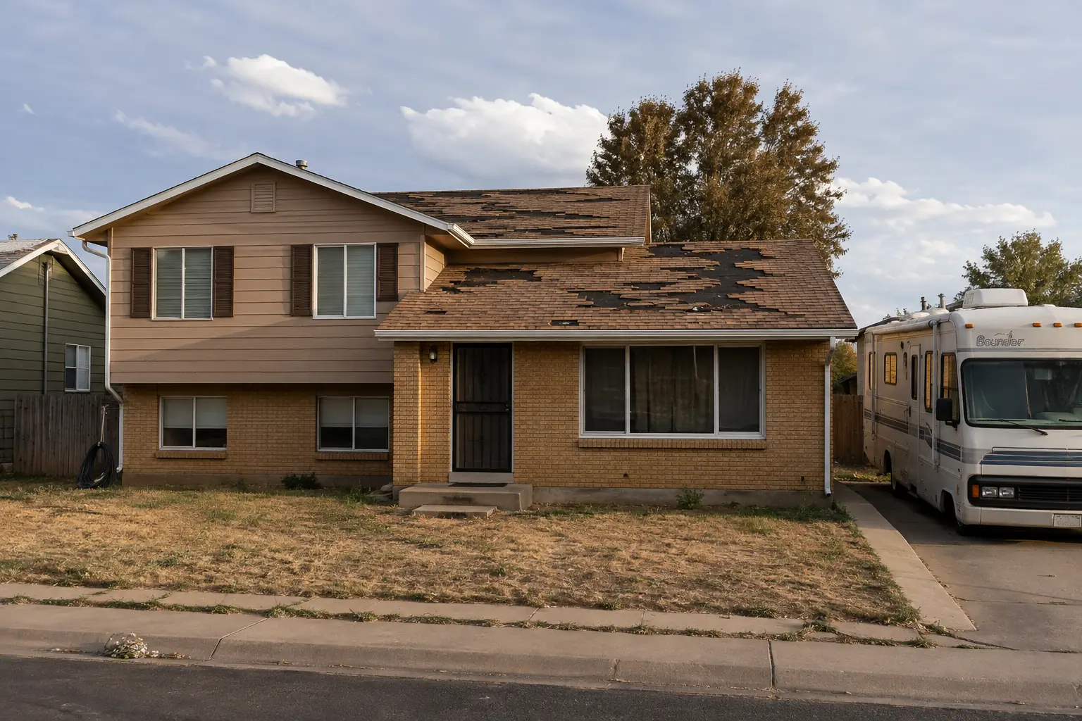 1970s tri-level house in Montbello with a hail-damaged roof missing shingles and an RV in the driveway