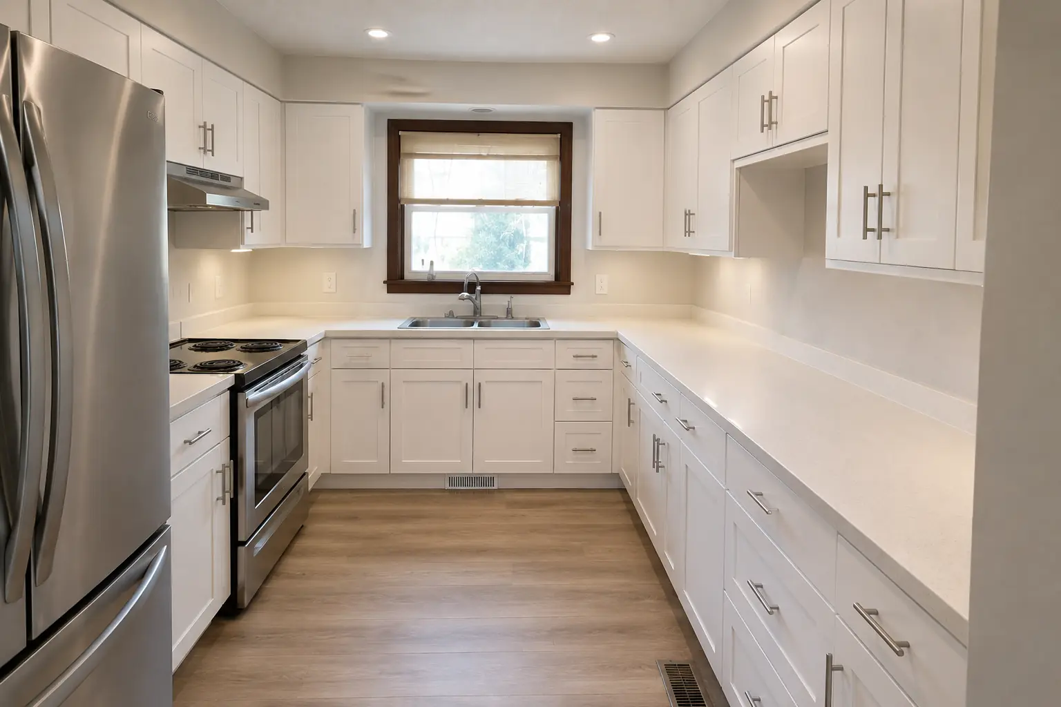 Same kitchen after renovation with white cabinets, quartz counters and plank flooring