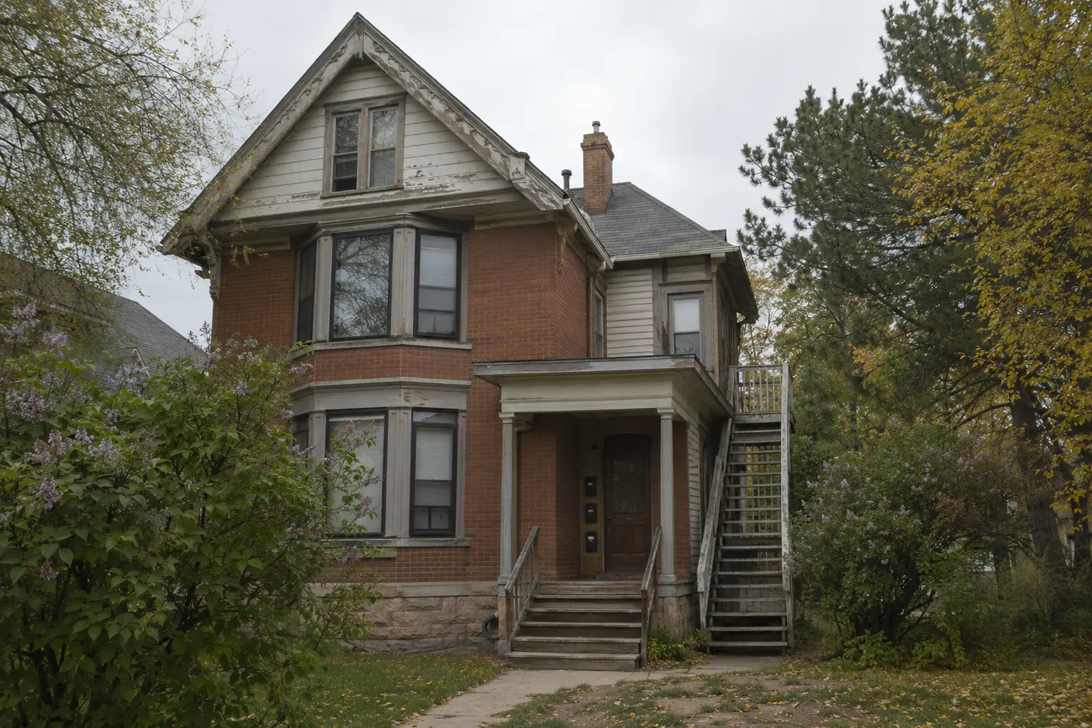 1900s brick Victorian in Capitol Hill converted into units with exterior stairs and peeling trim