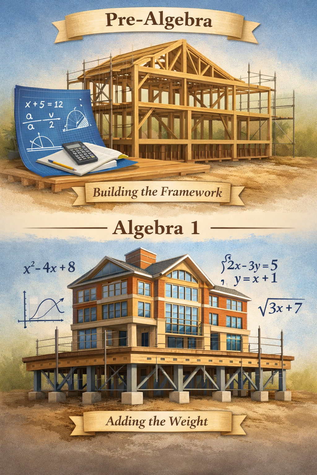 Illustration answering, “Do we need Pre-Algebra before Algebra 1?” showing framework building before adding structural weight.