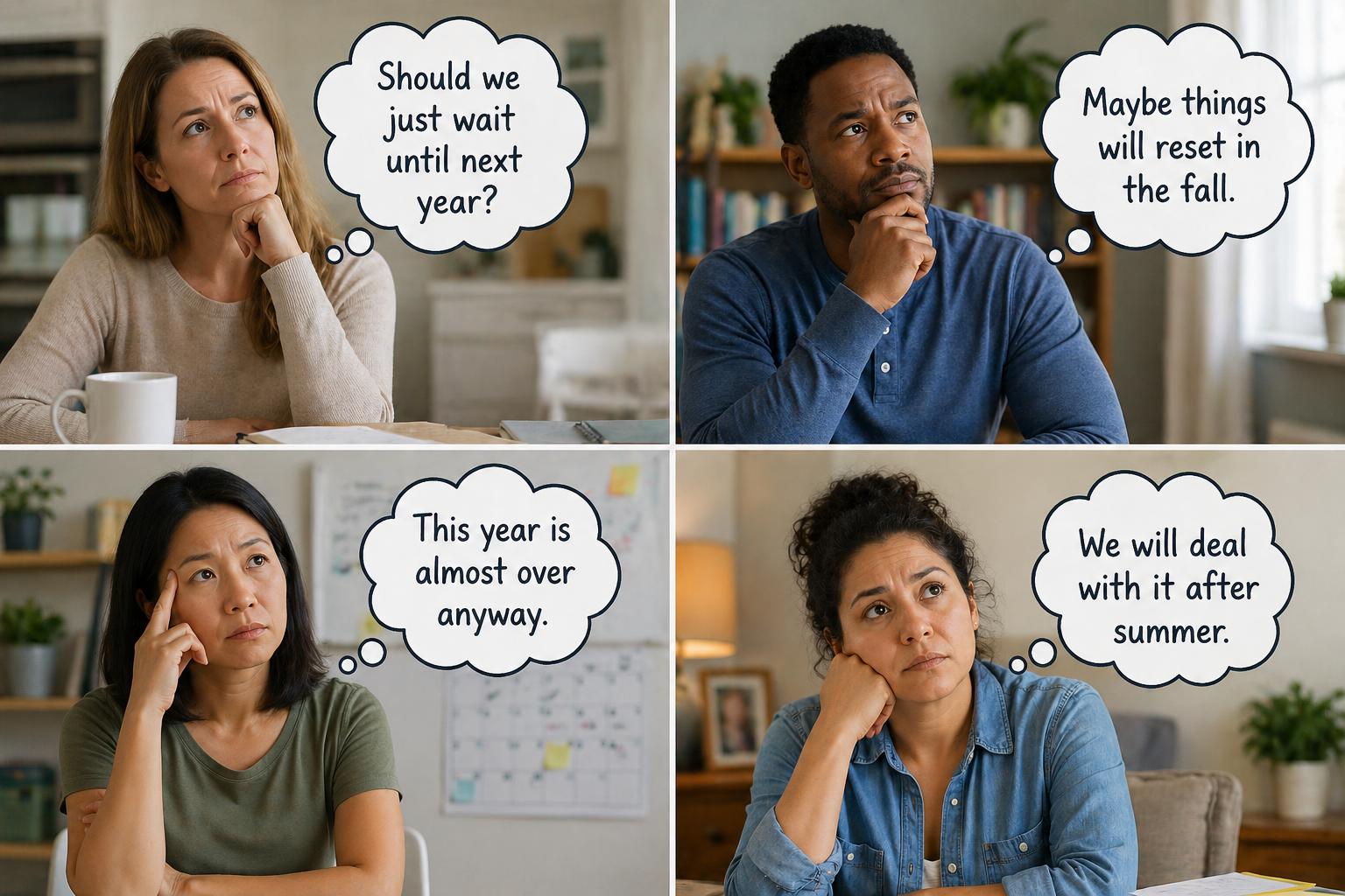 Should we wait until next school year to fix math gaps? Image showing four parents wondering if they should wait, start fresh in the fall, finish the year first, or deal with math struggles after summer.