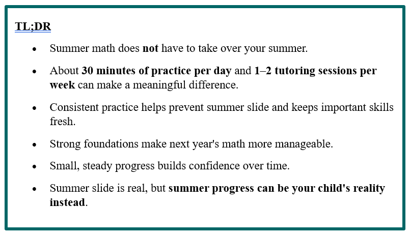 TL;DR summary box for a summer math plan explaining that 30 minutes of daily practice and 1–2 tutoring sessions per week can help prevent summer math loss, strengthen foundational skills, build confidence, and prepare students for the next school year.