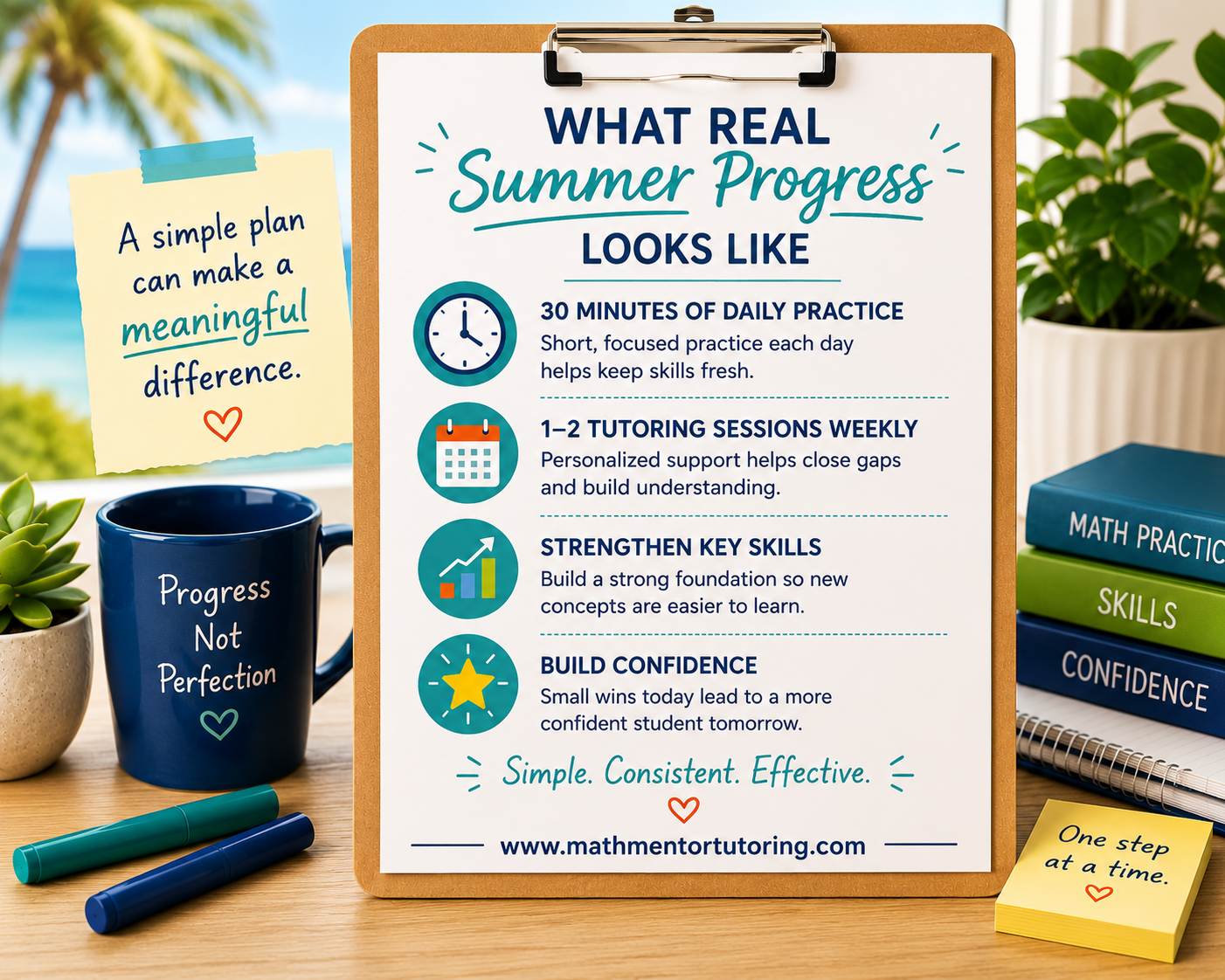 Clipboard-style summer math plan graphic showing what real summer progress looks like, including 30 minutes of daily practice, 1–2 tutoring sessions per week, strengthening key math skills, and building confidence for the next school year.