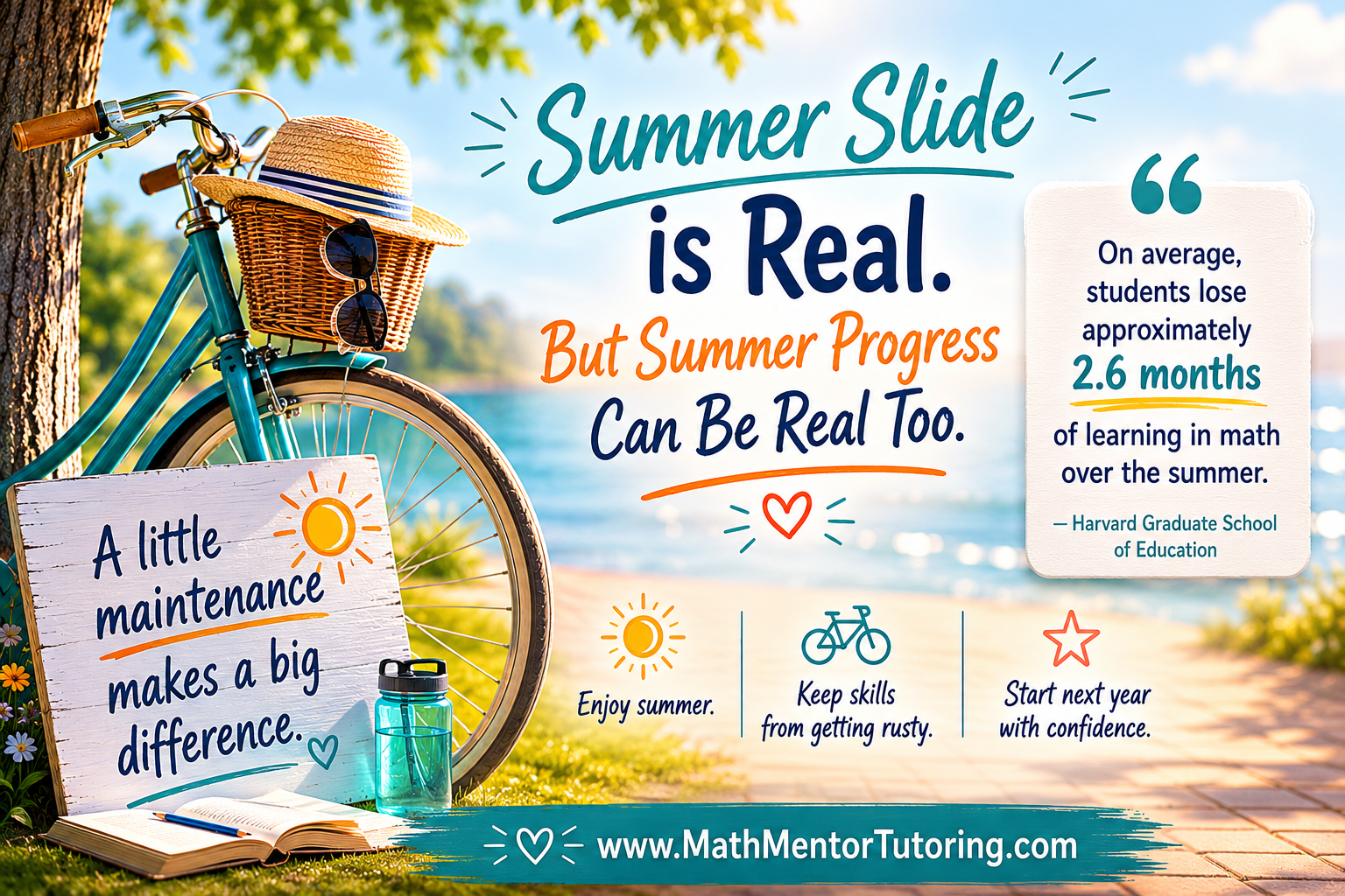 Summer learning loss graphic featuring a bicycle by a beach path with the message "Use It or Lose It," illustrating how regular practice helps students maintain math skills, prevent summer slide, and start the next school year with confidence.