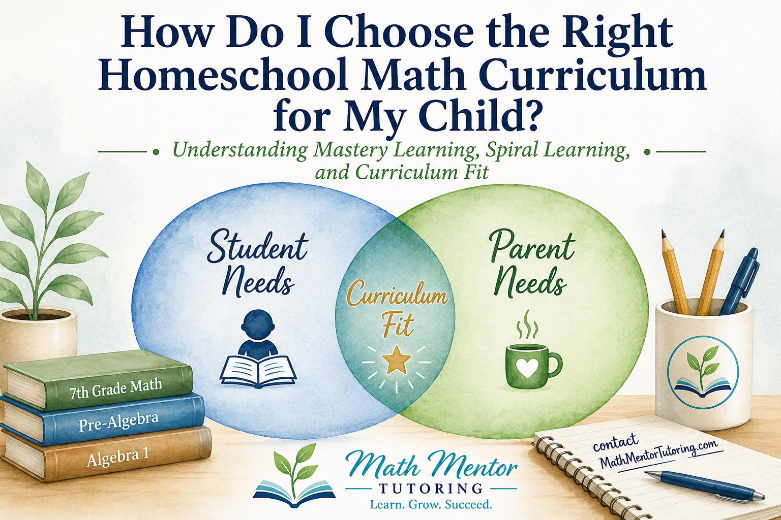 How to choose the right homeschool math curriculum for your child, illustrating mastery learning, spiral learning, student needs, parent needs, and curriculum fit. How to choose the right homeschool math curriculum for your child, illustrating mastery learning, spiral learning, student needs, parent needs, and curriculum fit.