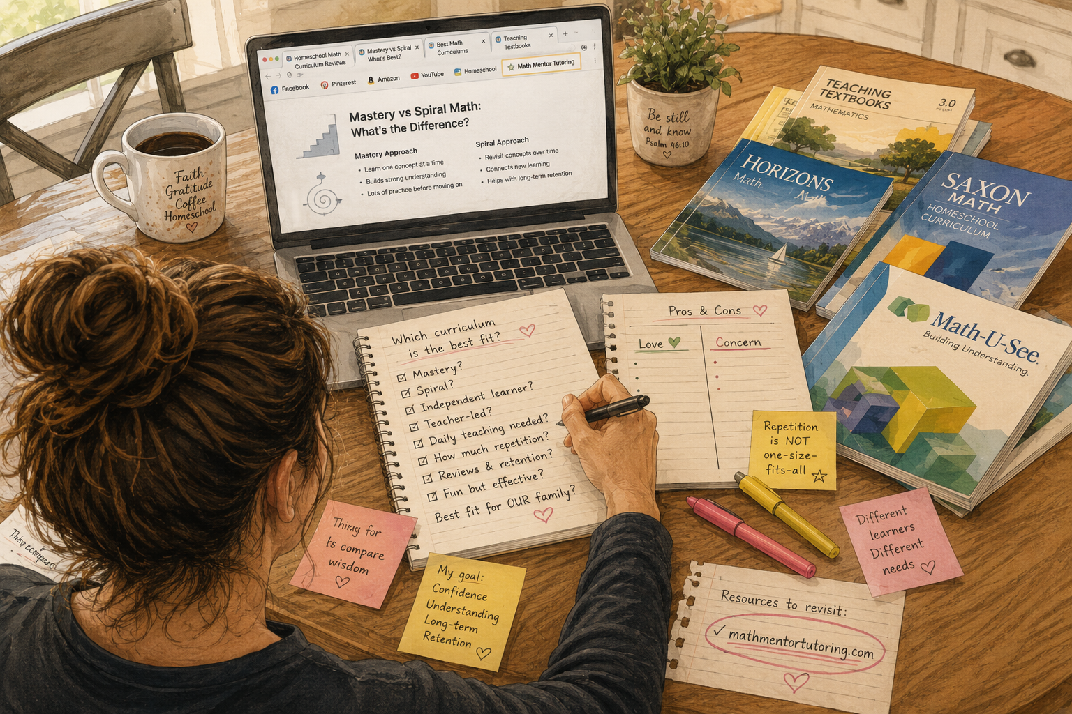Homeschool parent comparing math curriculum options at the kitchen table while researching mastery learning, spiral learning, repetition, retention, and curriculum fit for her child. Homeschool parent comparing math curriculum options at the kitchen table while researching mastery learning, spiral learning, repetition, retention, and curriculum fit for her child.