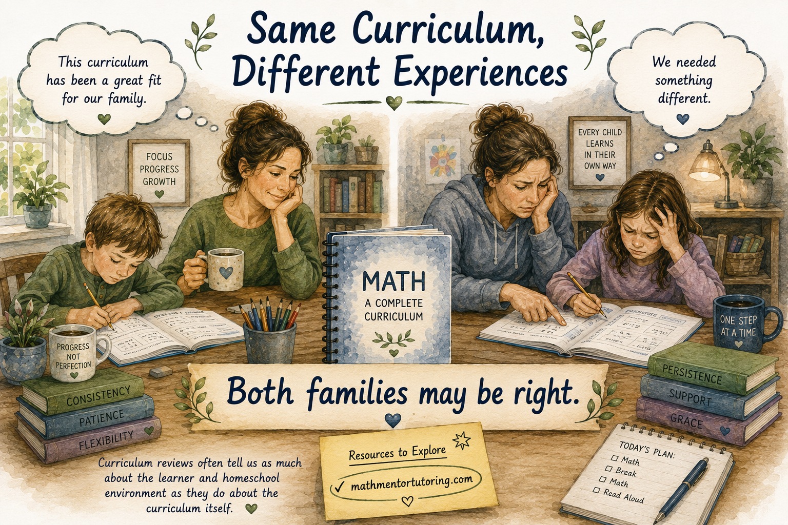 Homeschool families using the same math curriculum with different results, illustrating why curriculum fit depends on the student's needs, the parent's needs, and the homeschool environment. Homeschool families using the same math curriculum with different results, illustrating why curriculum fit depends on the student's needs, the parent's needs, and the homeschool environment.