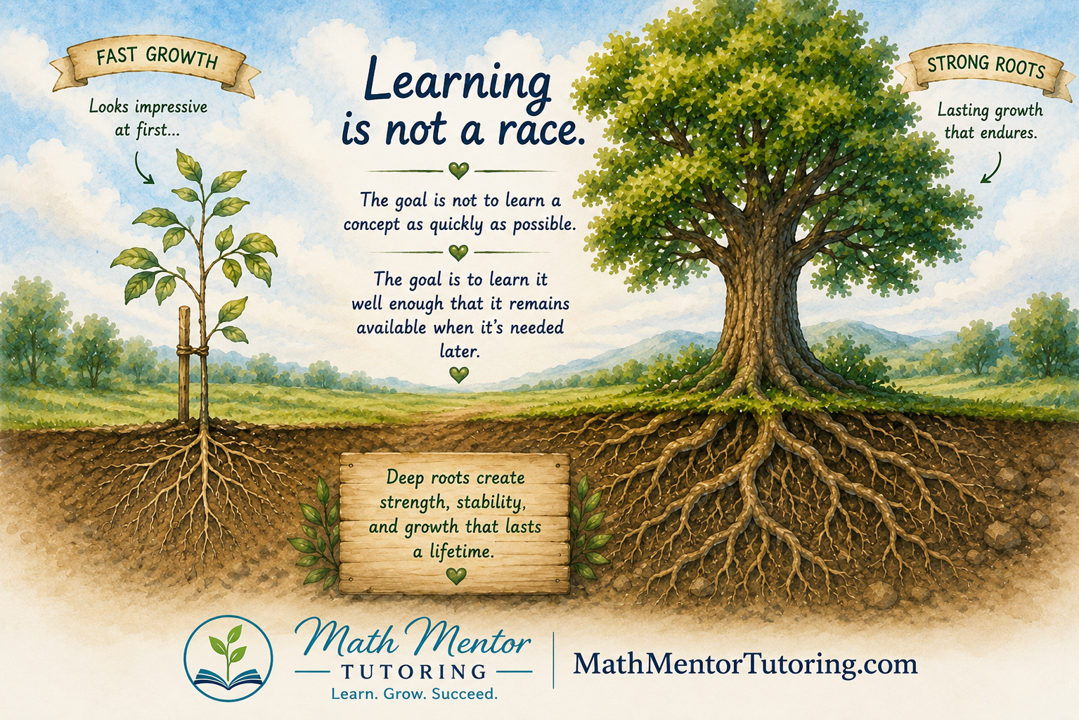Illustration comparing fast growth and strong roots in math learning, showing that long-term retention and deep understanding matter more than learning a concept quickly. Illustration comparing fast growth and strong roots in math learning, showing that long-term retention and deep understanding matter more than learning a concept quickly.