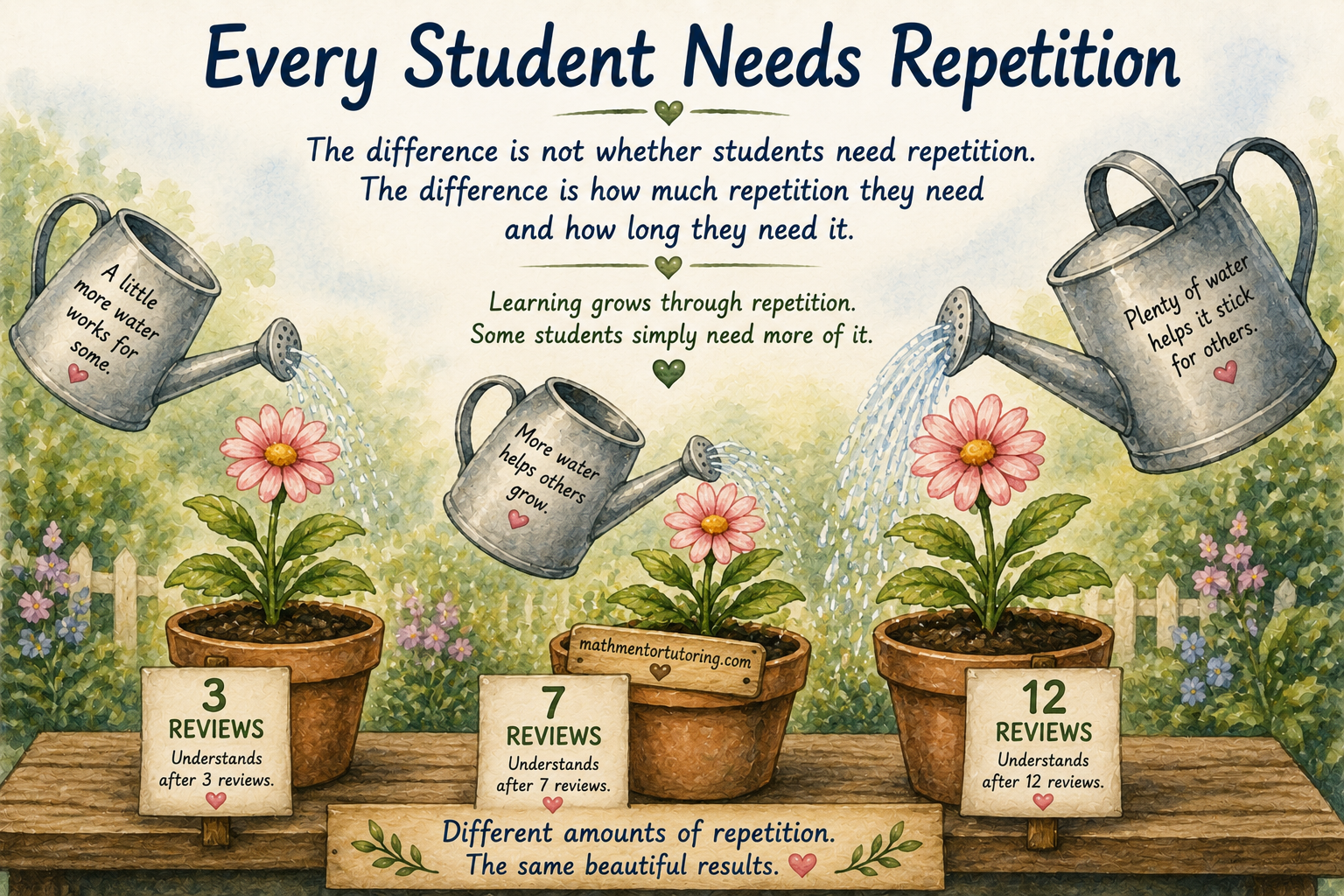 Illustration showing that students learn math concepts with different amounts of repetition, highlighting the role of review, retention, and long-term mathematical understanding. Illustration showing that students learn math concepts with different amounts of repetition, highlighting the role of review, retention, and long-term mathematical understanding.