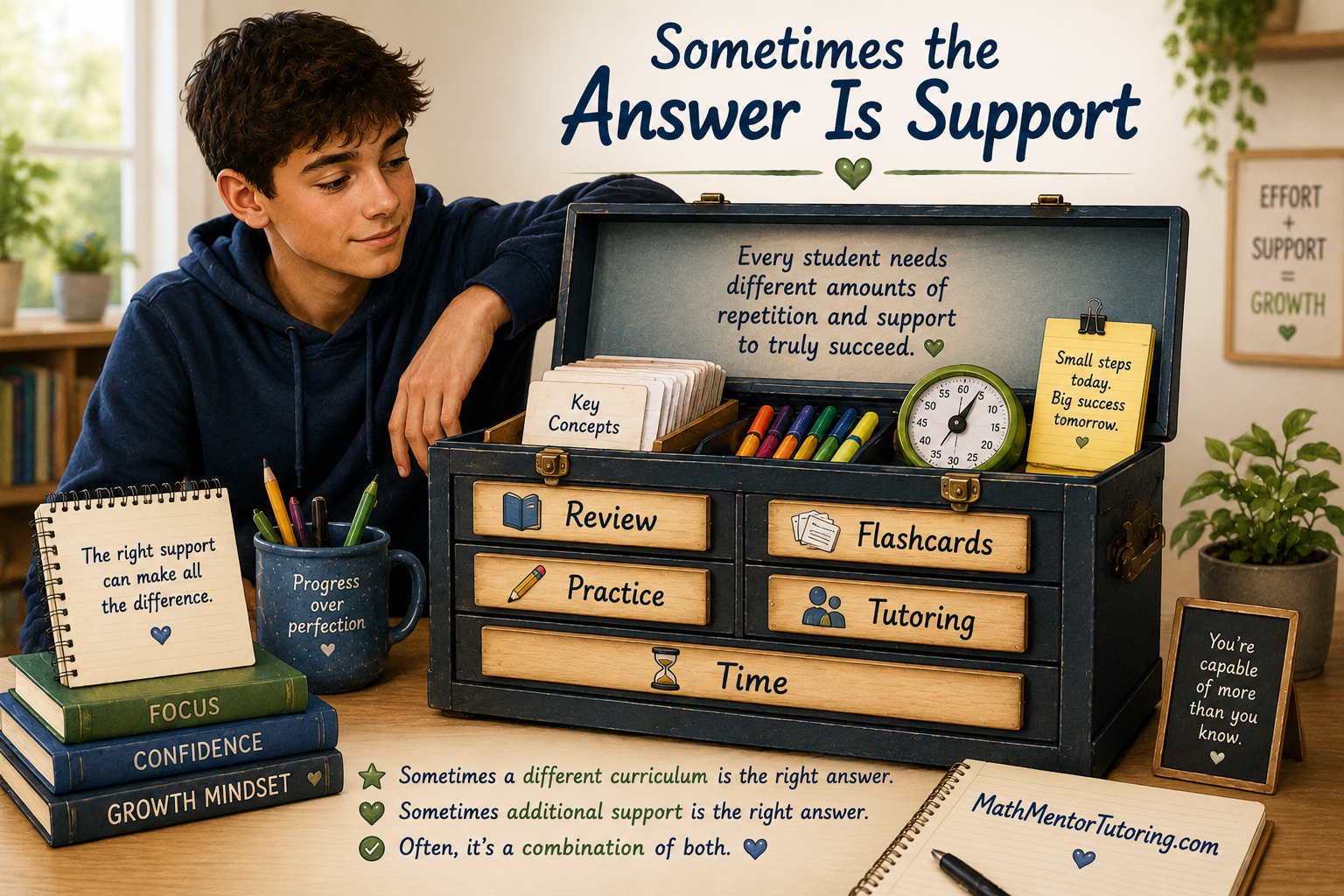 Homeschool math support toolbox showing review, flashcards, practice, tutoring, and time as tools that help students strengthen understanding, retention, and long-term math success. Homeschool math support toolbox showing review, flashcards, practice, tutoring, and time as tools that help students strengthen understanding, retention, and long-term math success.