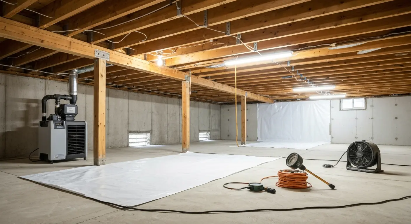 Crawlspace treated for mold and odor with cleaner and prevention