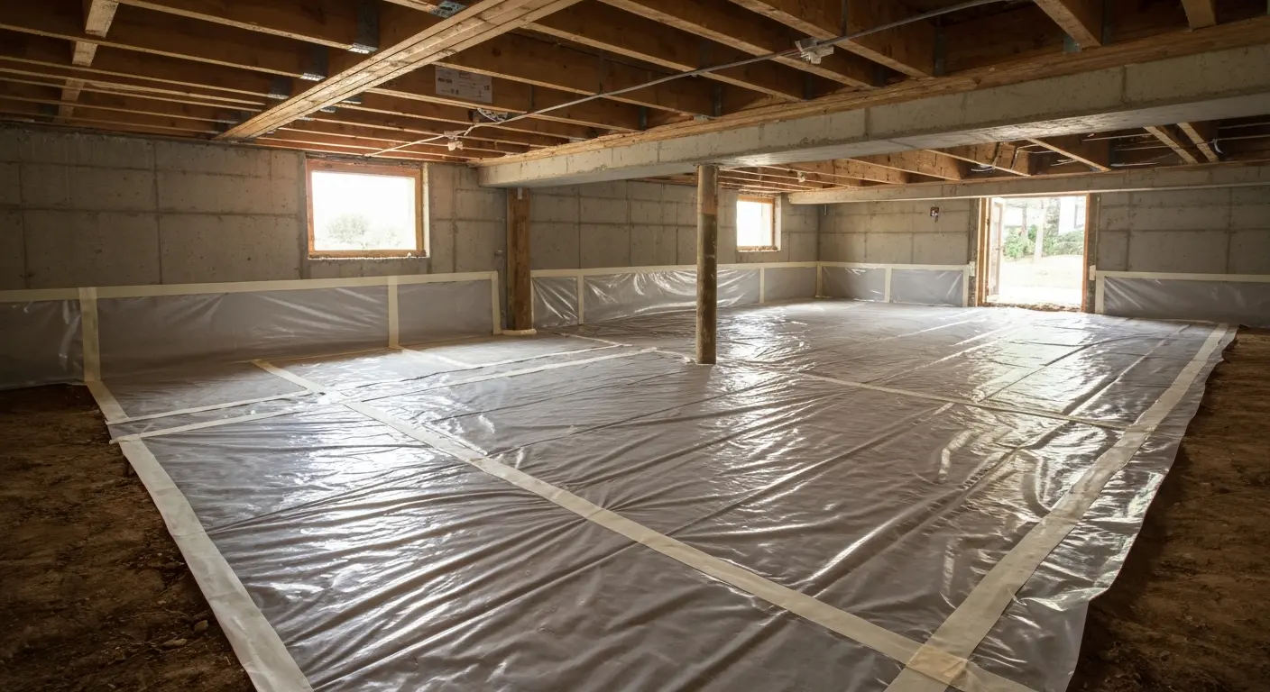 Vapor barrier installation on crawlspace floor