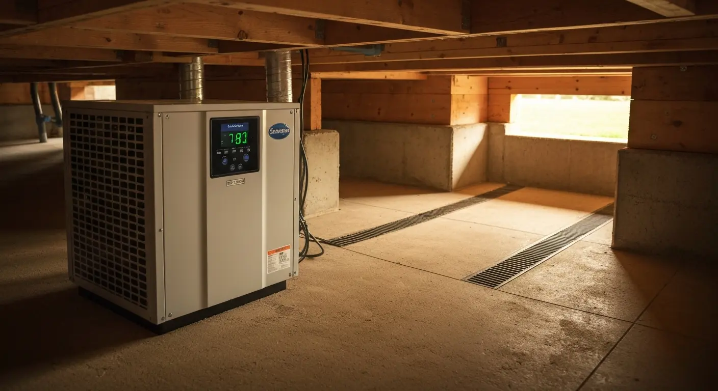 Crawlspace dehumidifier unit with moisture control display