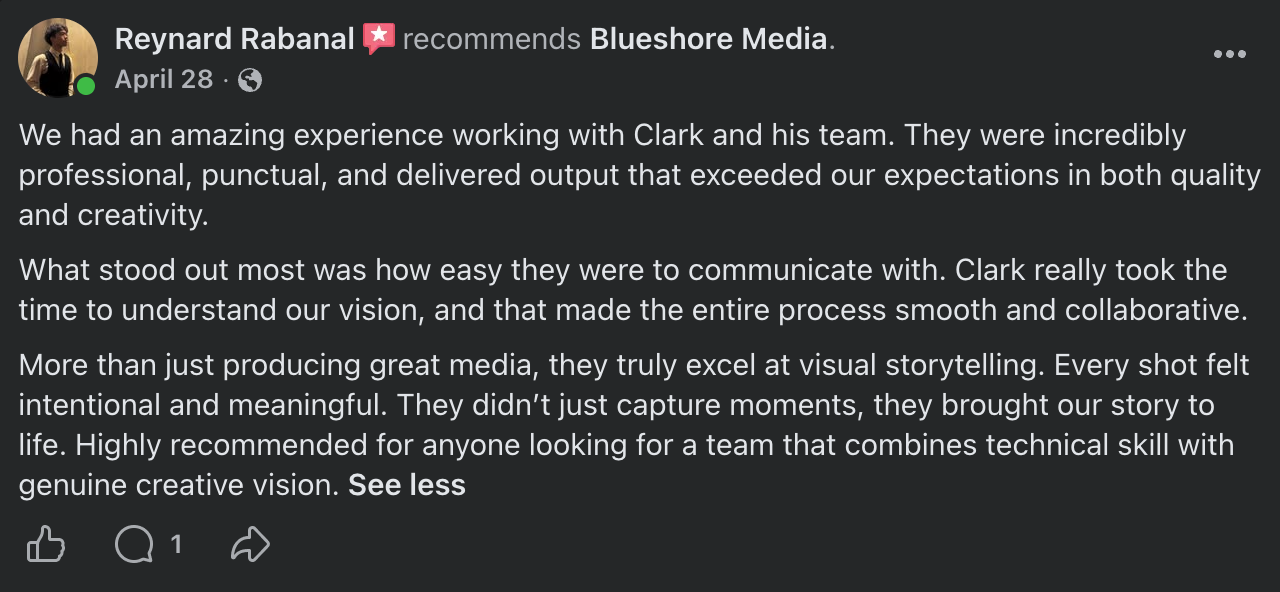 Facebook recommendation from Reynard Rabanal for Blueshore Media