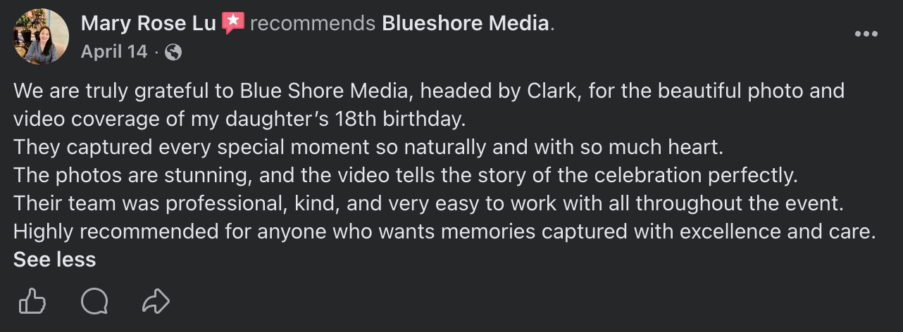 Facebook recommendation from Mary Rose Lu for Blueshore Media