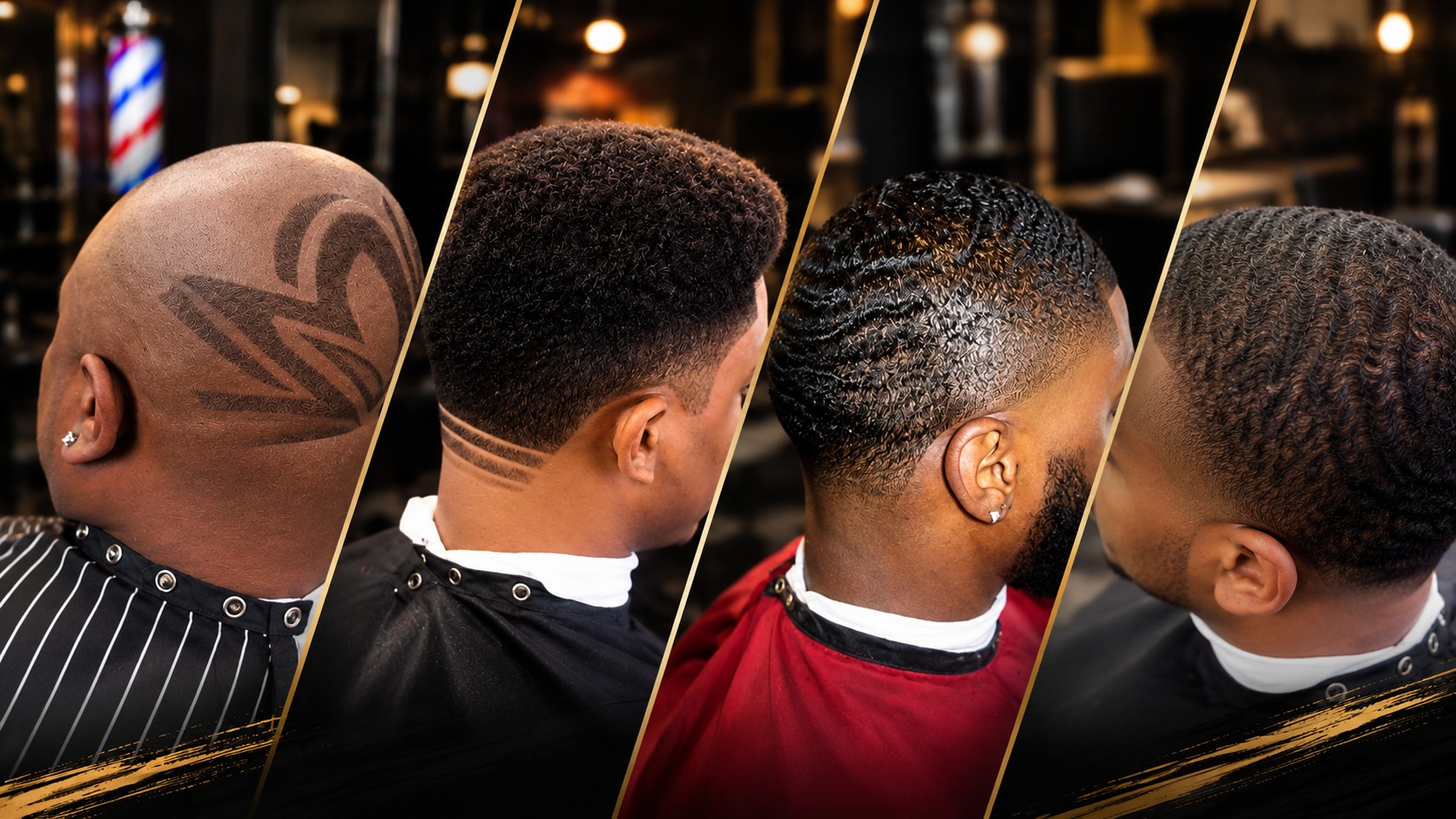 Four cuts side by side: a freehand design on a bald fade, a high-top with part lines, waves with a beard, and a waved taper